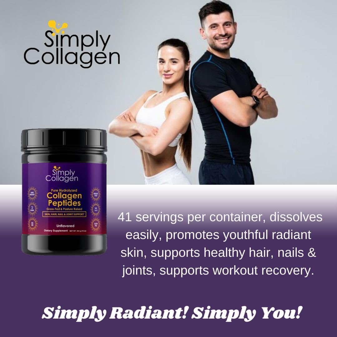 Premium Simply Collagen® Hydrolyzed Peptides for Hair, Skin, Nails, Bones & Joints - Grass Fed, Type I & III - 41 Servings