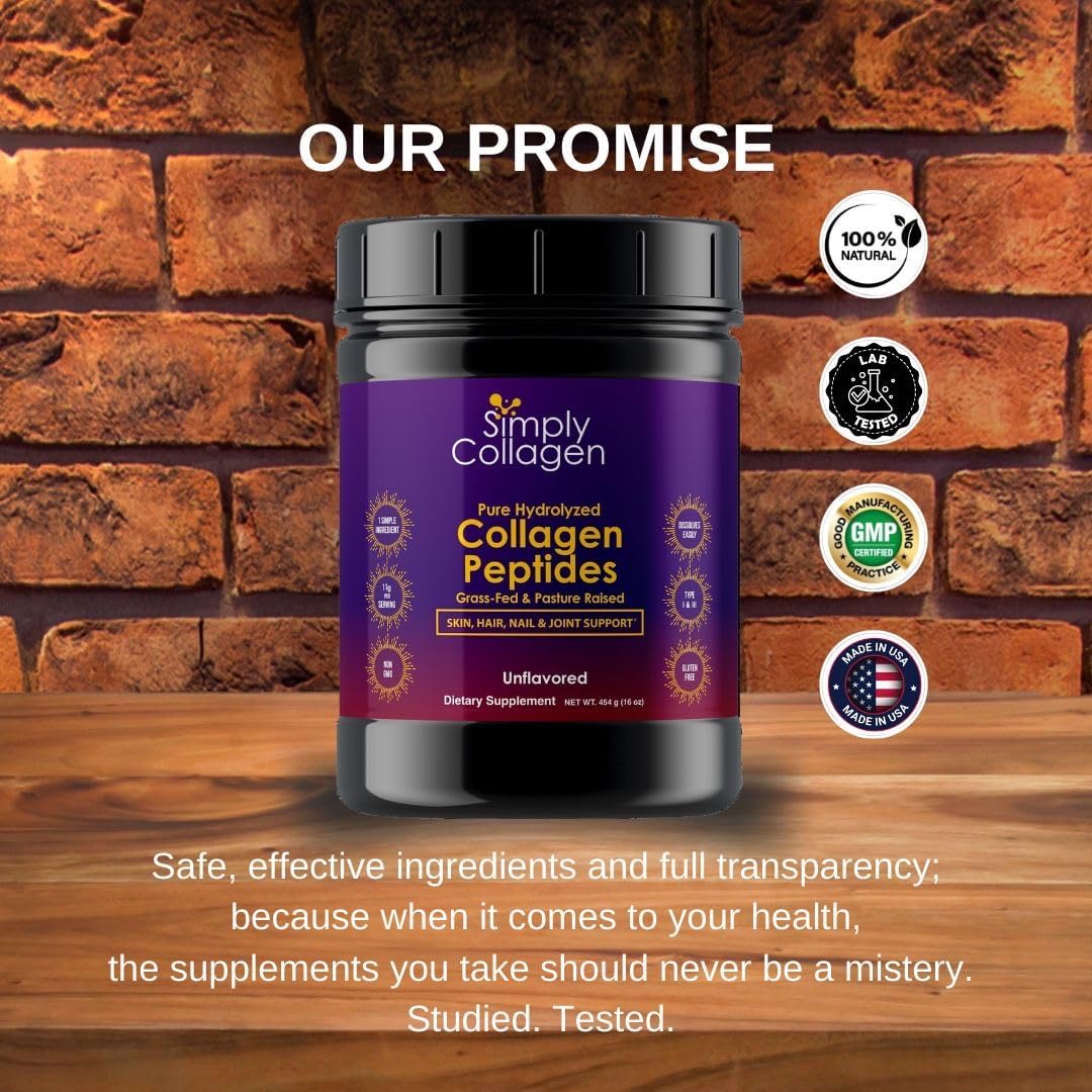 Premium Simply Collagen® Hydrolyzed Peptides for Hair, Skin, Nails, Bones & Joints - Grass Fed, Type I & III - 41 Servings