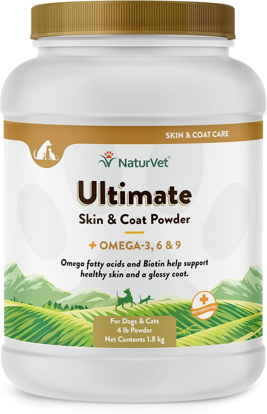 Premium Skin and Coat Powder Pet Supplement with Omegas for Dogs & Cats - Promotes Healthy Skin & Coats - Tasty Food Topper - 4 lbs.