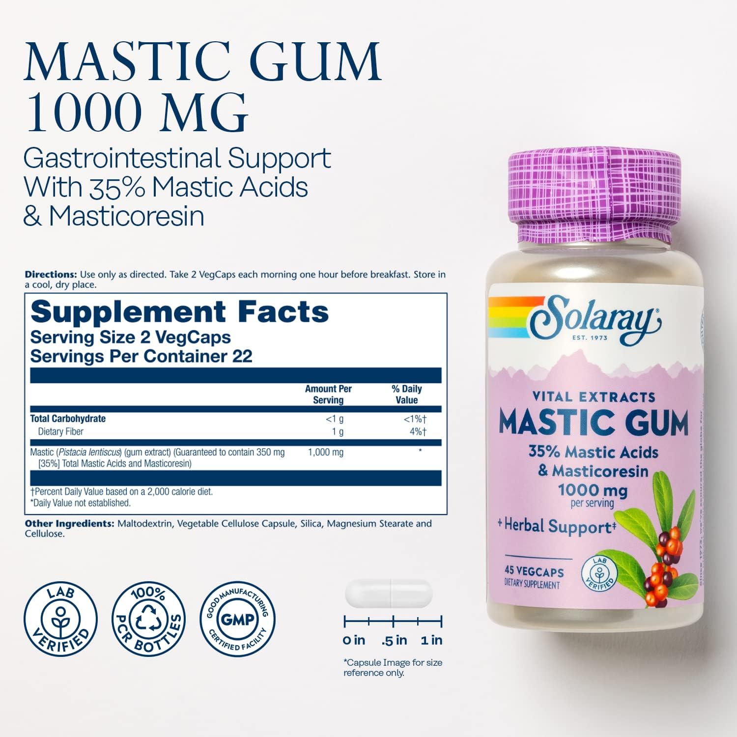 Premium Solaray Mastic Gum Extract Capsules 500mg - 45 Count