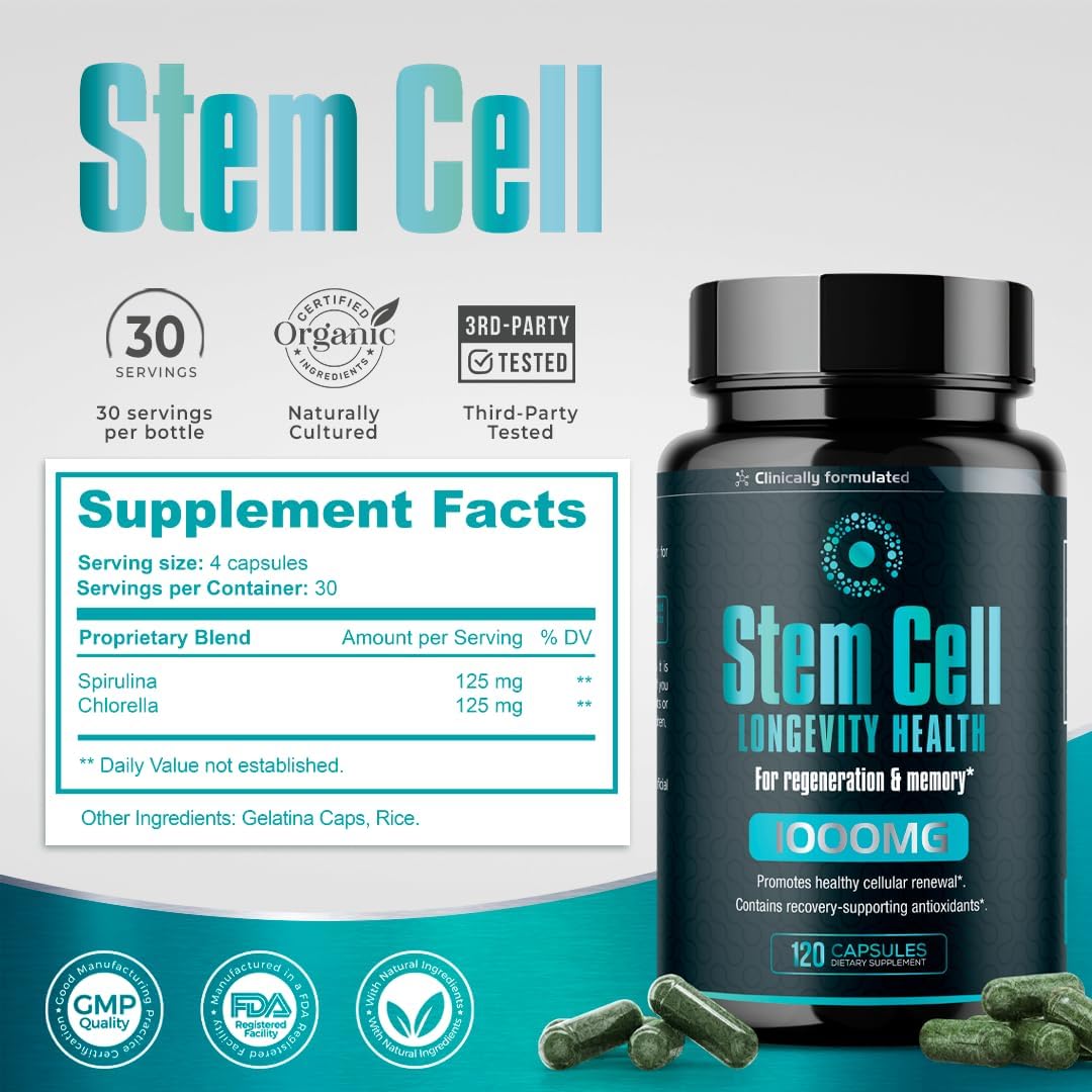 Premium Stem Cell Supplements 1,000mg (360 Caps) for Immunity Boost, Joint Support, Anti-Aging, and Vitality - Spirulina & Chlorella Formula