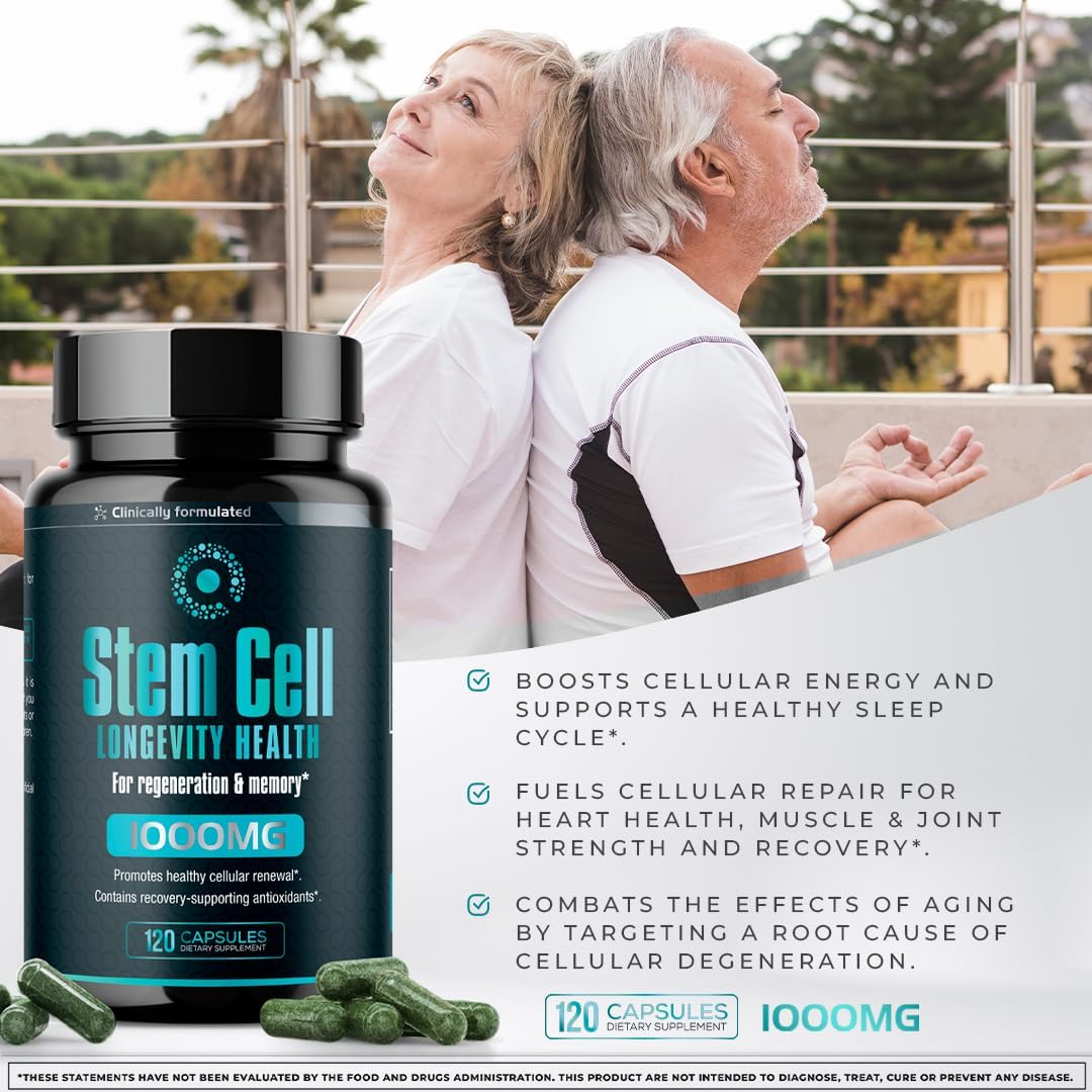 Premium Stem Cell Supplements 1,000mg (360 Caps) for Immunity Boost, Joint Support, Anti-Aging, and Vitality - Spirulina & Chlorella Formula