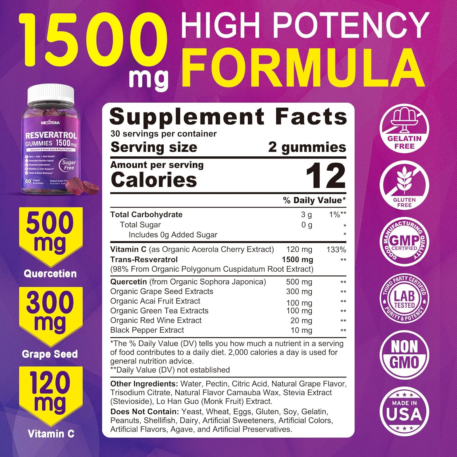 Premium Sugar-Free Resveratrol Gummies 1500mg with Quercetin, Grape Seed, Acai - Antioxidant Support for Healthy Aging, Skin, Joints, Brain - 2Pack