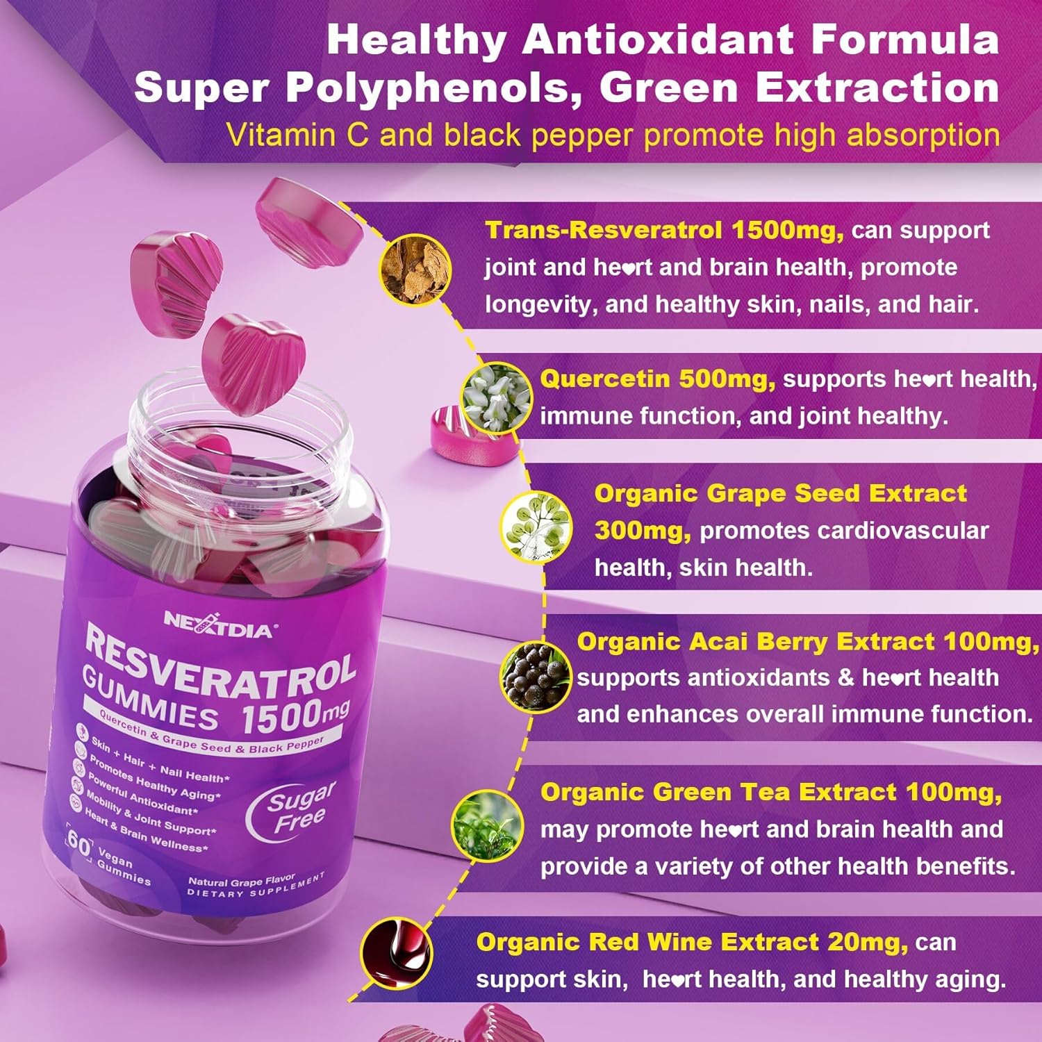 Premium Sugar-Free Resveratrol Gummies 1500mg with Quercetin, Grape Seed, Acai - Antioxidant Support for Healthy Aging, Skin, Joints, Brain - 2Pack