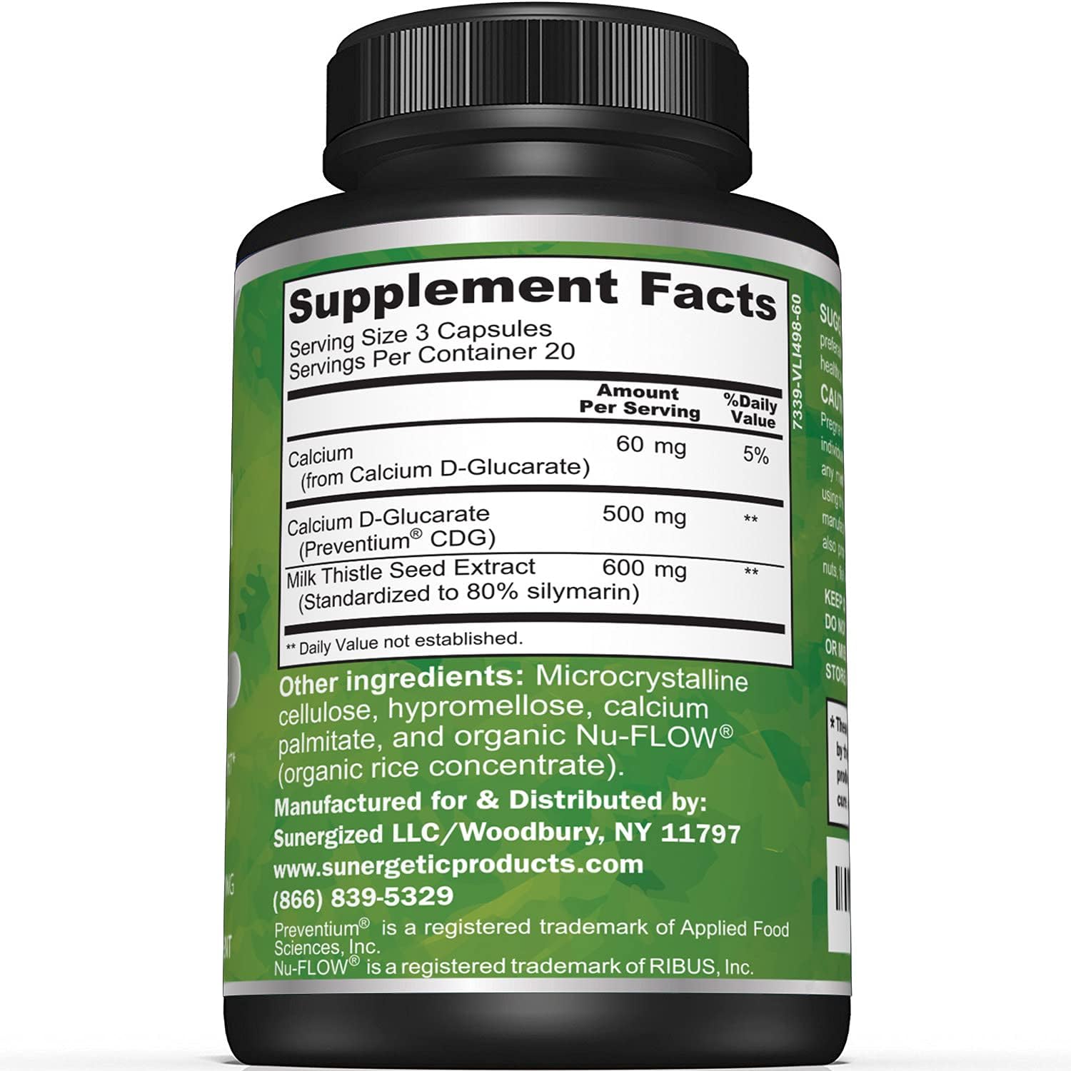 Premium Sunergetic Calcium D-Glucarate Supplement with Milk Thistle Extract for Liver & Detox Support - 60 Capsules, 500mg Per Serving