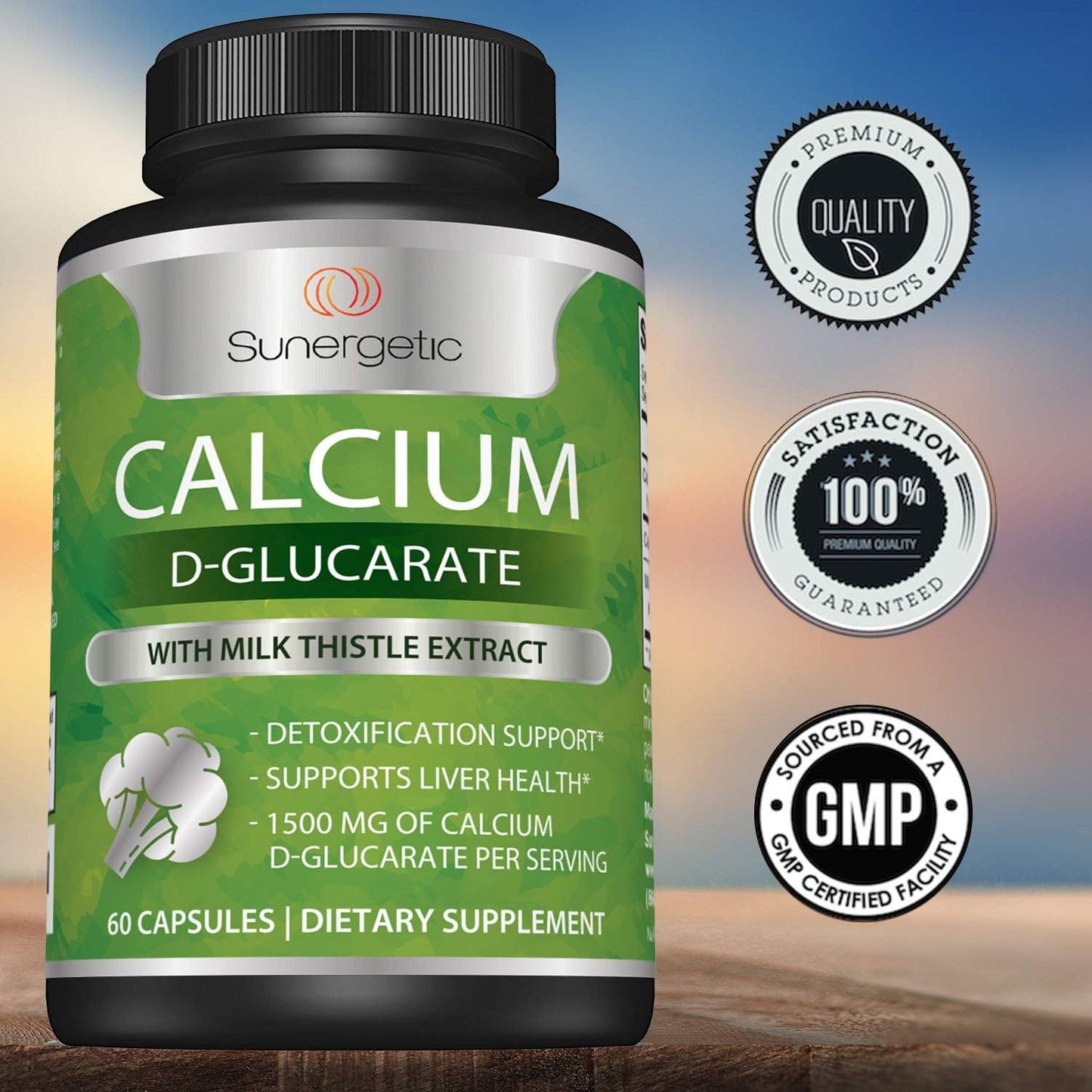 Premium Sunergetic Calcium D-Glucarate Supplement with Milk Thistle Extract for Liver & Detox Support - 60 Capsules, 500mg Per Serving