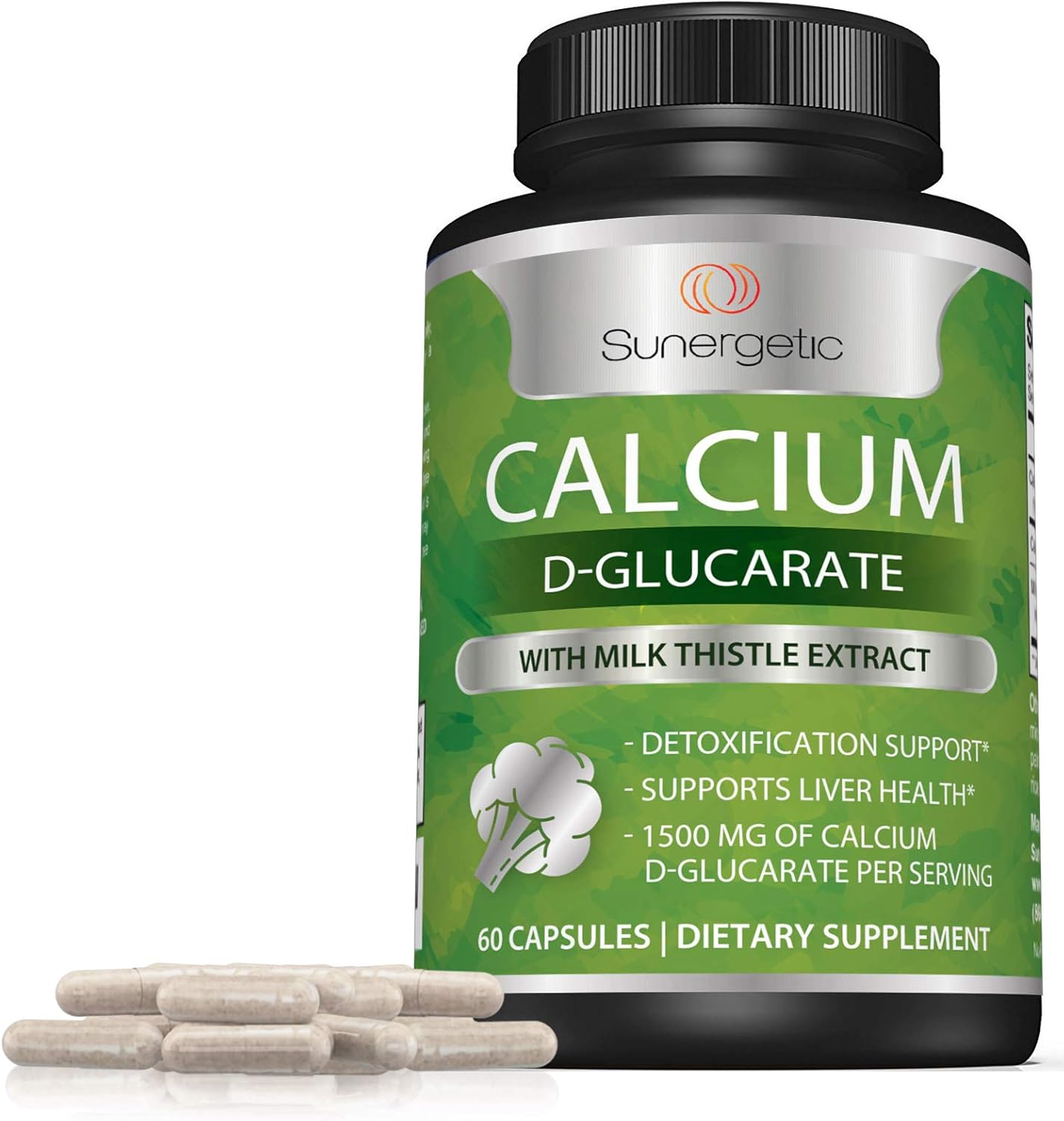 Premium Sunergetic Calcium D-Glucarate Supplement with Milk Thistle Extract for Liver & Detox Support - 60 Capsules, 500mg Per Serving