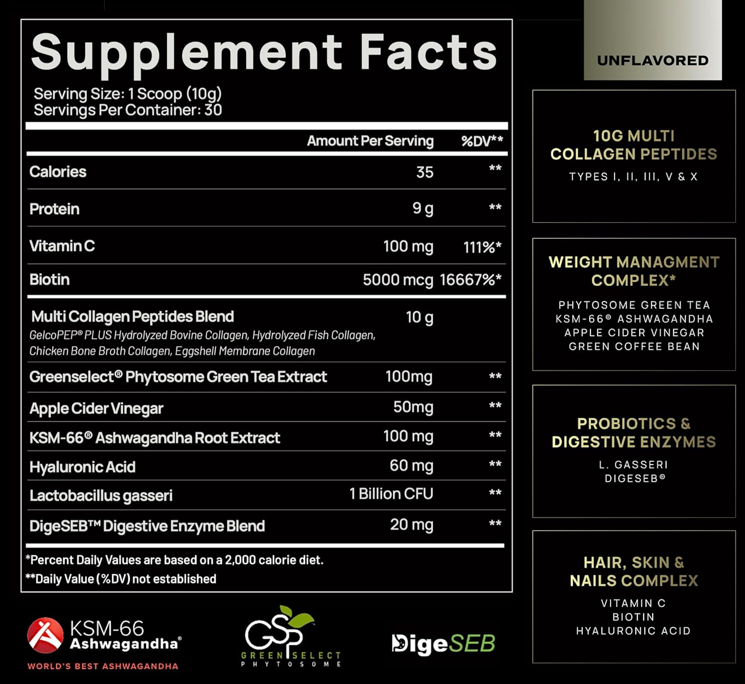Premium Super Collagen Powder for Women with Probiotics, Hyaluronic Acid, ACV, KSM-66, Biotin - Multi Collagen Peptides Protein Supplement for Weight Loss and Beauty (Unflavored)