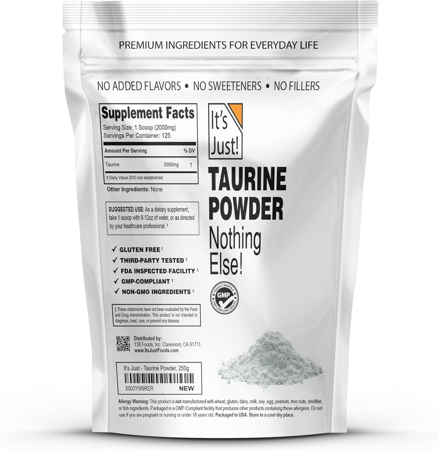 Premium Taurine Powder 250g Bulk - Unflavored Pre-Workout Supplement (125 Servings)
