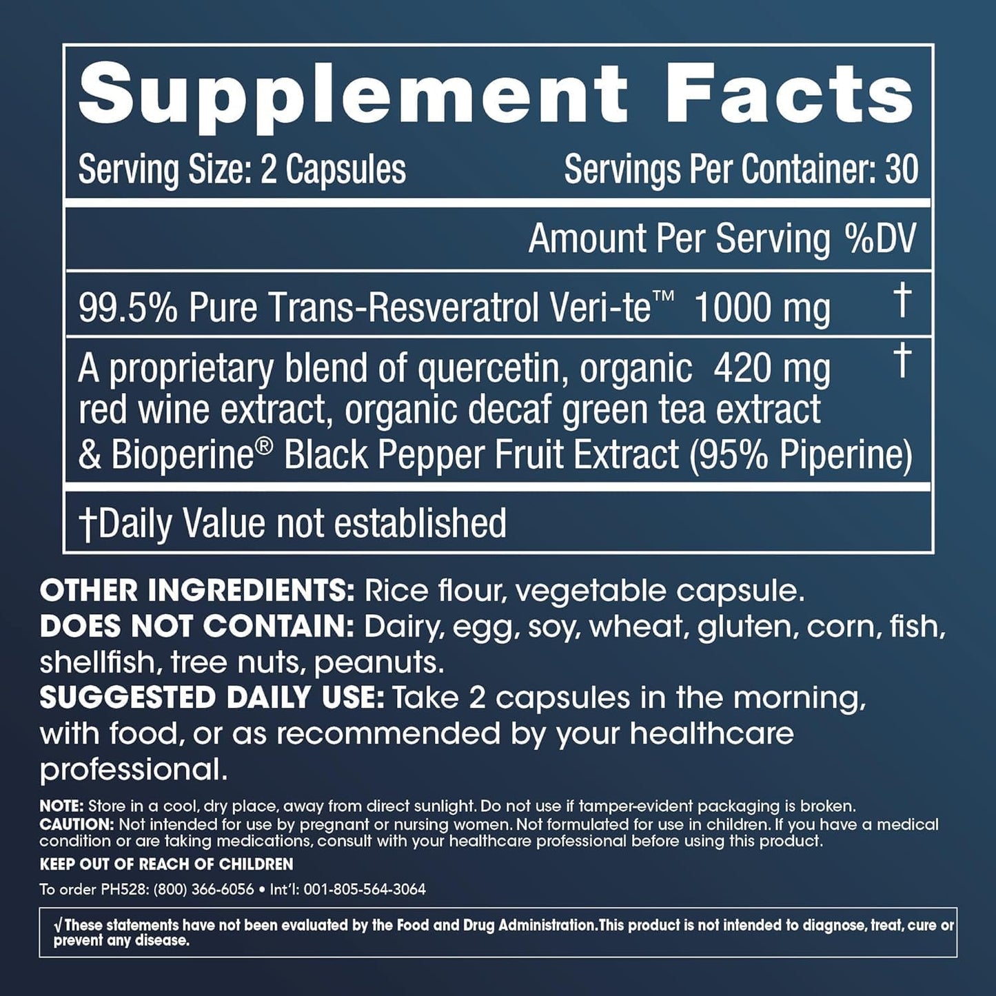 Premium Trans-Resveratrol Capsules with Quercetin, Red Wine & Green Tea Extract - 1000mg - Supports Cellular Health, Memory, Healthy Aging - 60 Capsules