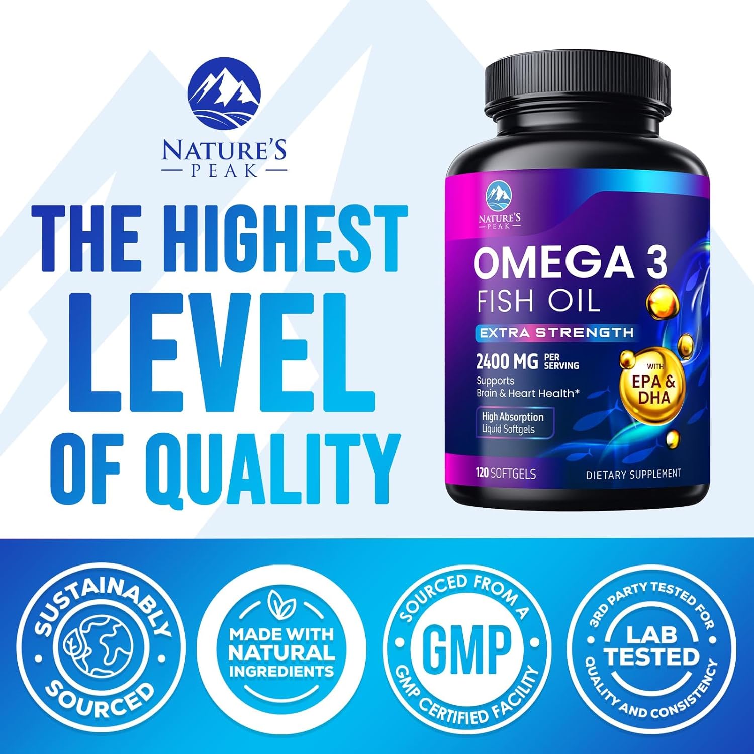 Premium Triple Strength Omega-3 Fish Oil Supplement - 2400 mg, Sustainably Sourced EPA & DHA for Brain & Heart Support - 120 Softgels