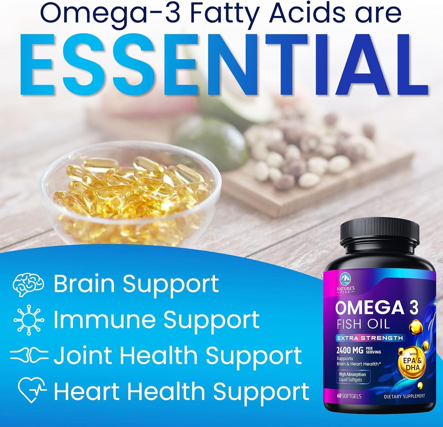 Premium Triple Strength Omega-3 Fish Oil Supplement - 2400 mg, Sustainably Sourced EPA & DHA for Brain & Heart Support - 120 Softgels