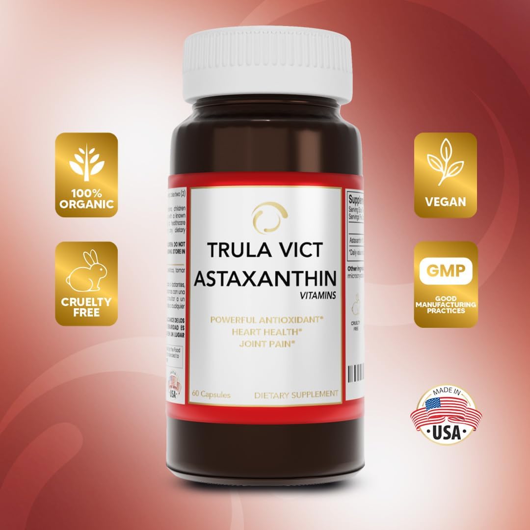 Premium TRULA VICT Astaxanthin Capsules 50mg - 60 Pills for Sports Nutrition, Immunity, Eye, Joint, and Cardiovascular Health