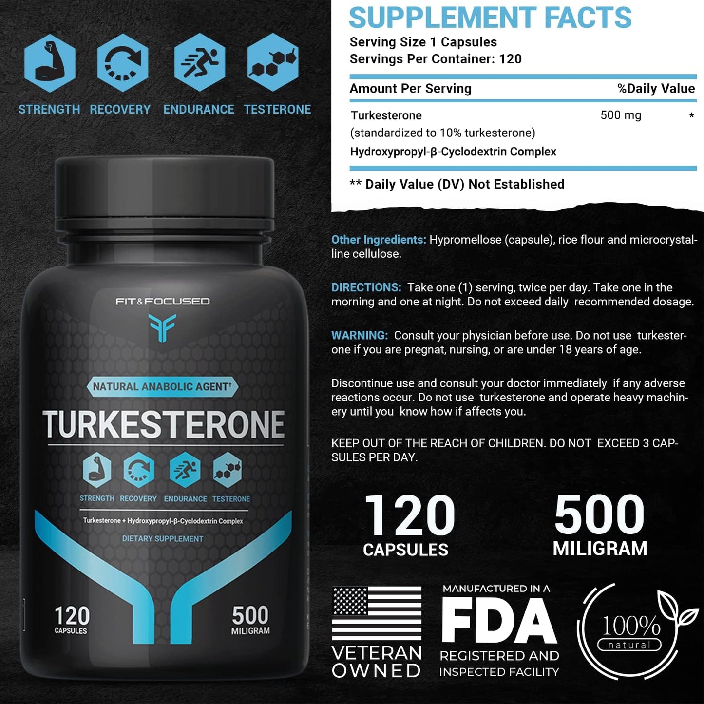 Premium Turkesterone Supplement for Fitness and Focus - 500mg, 120 Capsules - High-Quality Ajuga Turkestanica Extract - Boosts Performance and Stamina