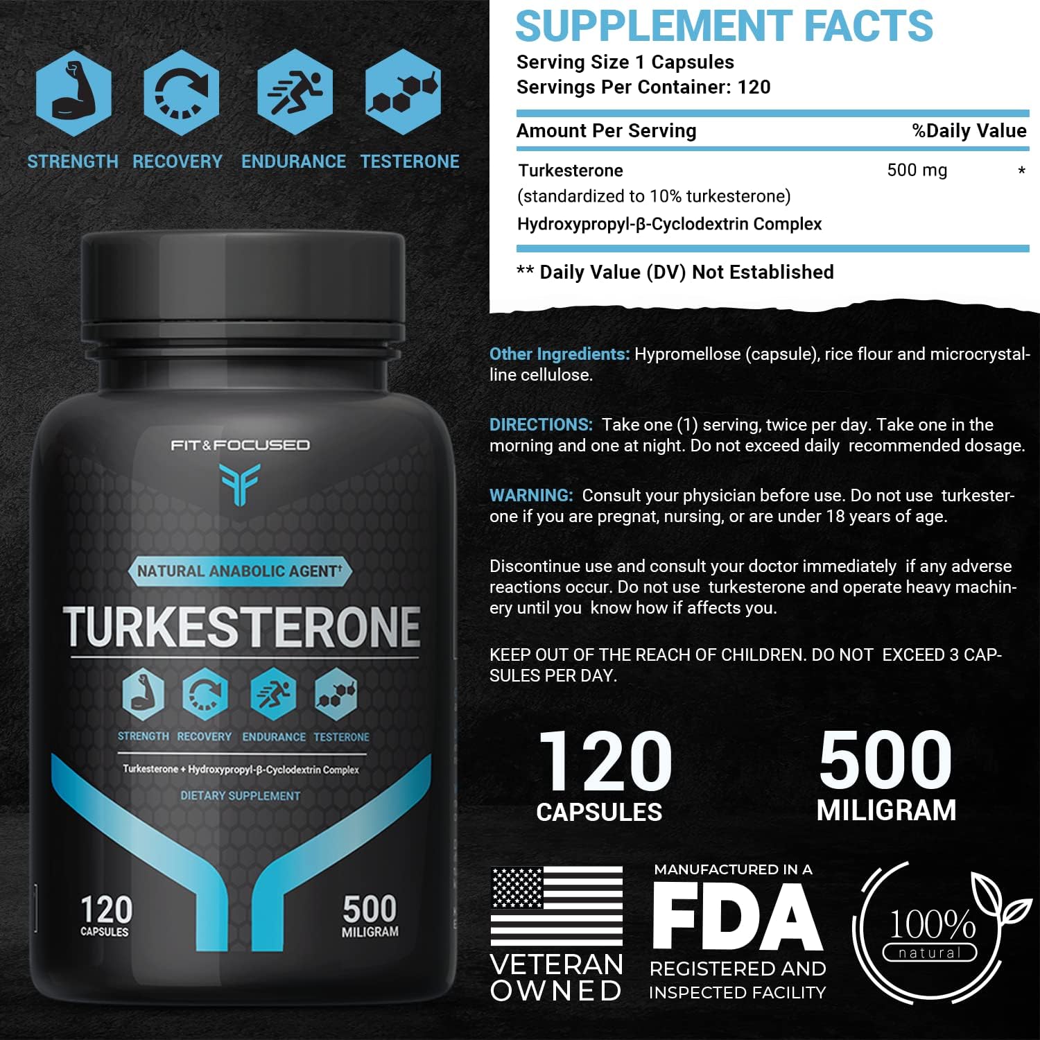 Premium Turkesterone Supplement for Fitness and Focus - 500mg, 120 Capsules - High-Quality Ajuga Turkestanica Extract - Boosts Performance and Stamina