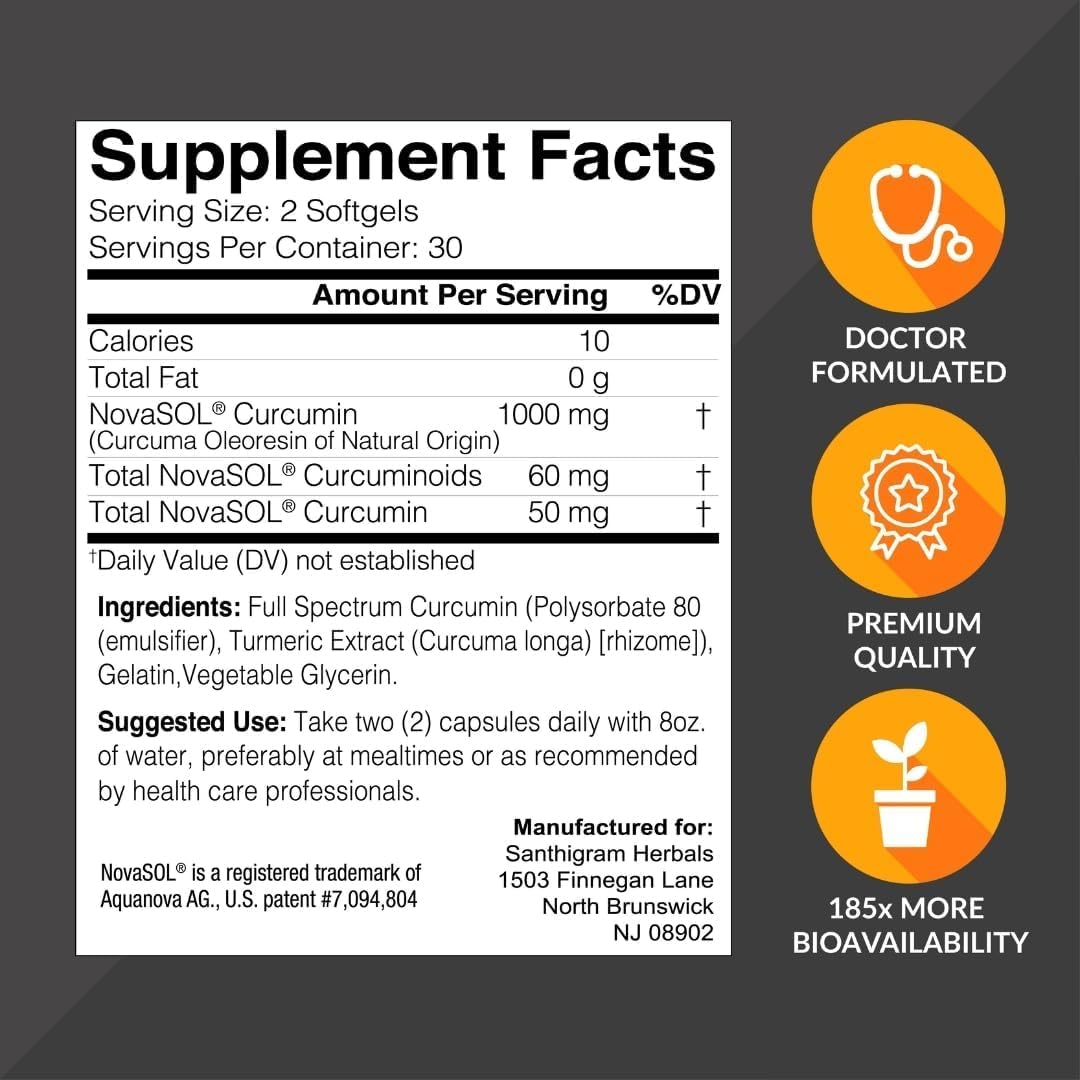 Premium Turmeric Curcumin NovaSOL Supplements with Advanced Nanotechnology for Joint Mobility, Immunity, Digestive Health - 1000mg