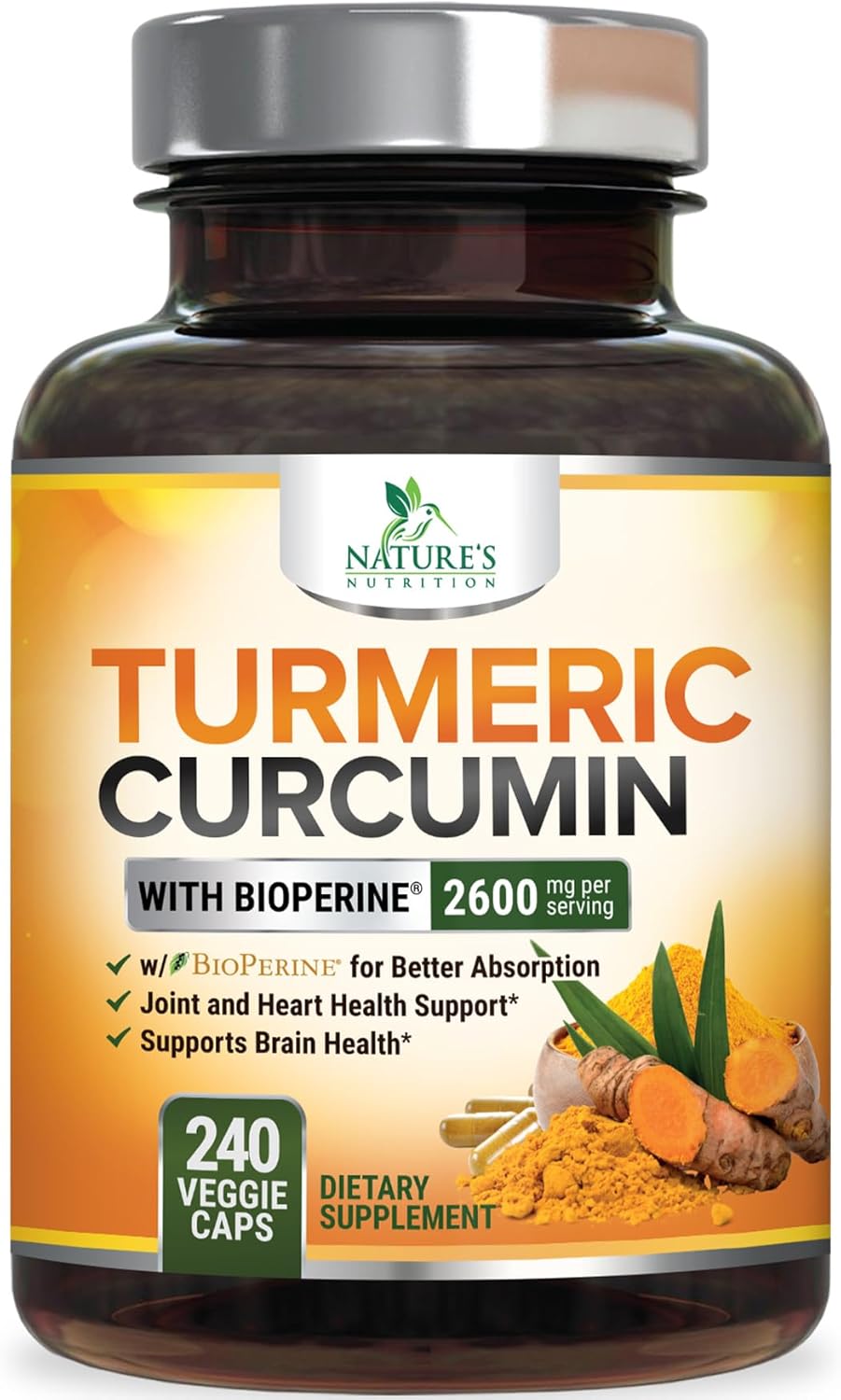 Premium Turmeric Curcumin Supplement 2600mg with BioPerine & Black Pepper for Optimal Absorption - 240 Capsules, Vegan Joint Support - Non-GMO Formula - Bottled in USA by Nature's Nutrition