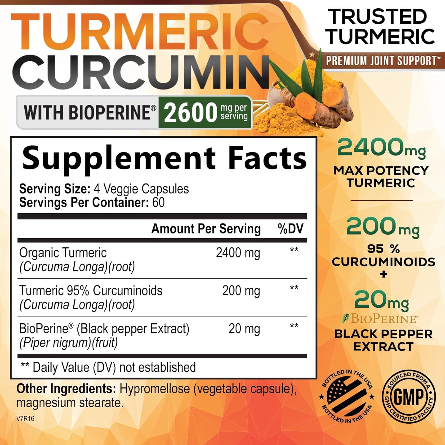 Premium Turmeric Curcumin Supplement 2600mg with BioPerine & Black Pepper for Optimal Absorption - 240 Capsules, Vegan Joint Support - Non-GMO Formula - Bottled in USA by Nature's Nutrition