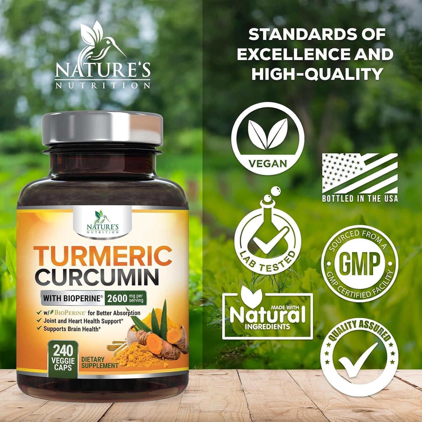 Premium Turmeric Curcumin Supplement 2600mg with BioPerine & Black Pepper for Optimal Absorption - 240 Capsules, Vegan Joint Support - Non-GMO Formula - Bottled in USA by Nature's Nutrition