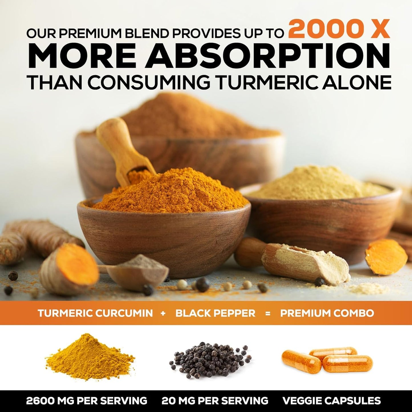 Premium Turmeric Curcumin Supplement 2600mg with BioPerine & Black Pepper for Optimal Absorption - 240 Capsules, Vegan Joint Support - Non-GMO Formula - Bottled in USA by Nature's Nutrition