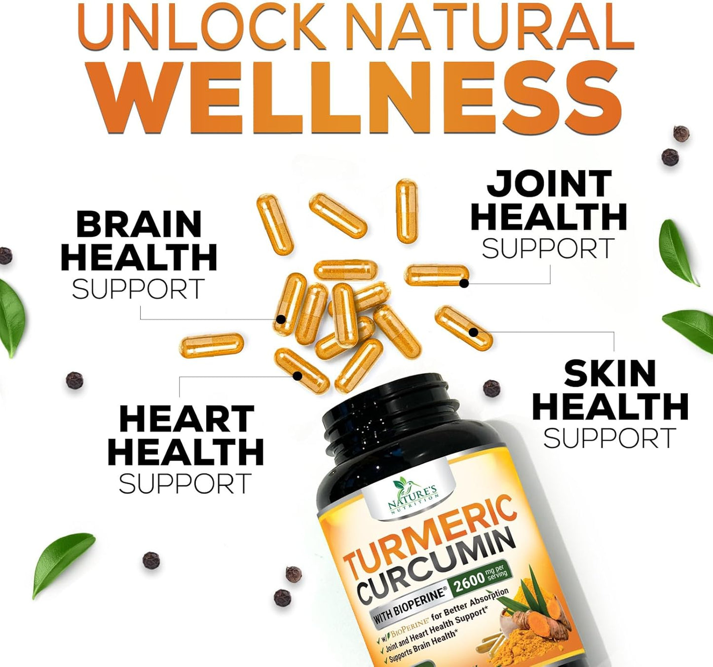 Premium Turmeric Curcumin Supplement 2600mg with BioPerine & Black Pepper for Optimal Absorption - 240 Capsules, Vegan Joint Support - Non-GMO Formula - Bottled in USA by Nature's Nutrition