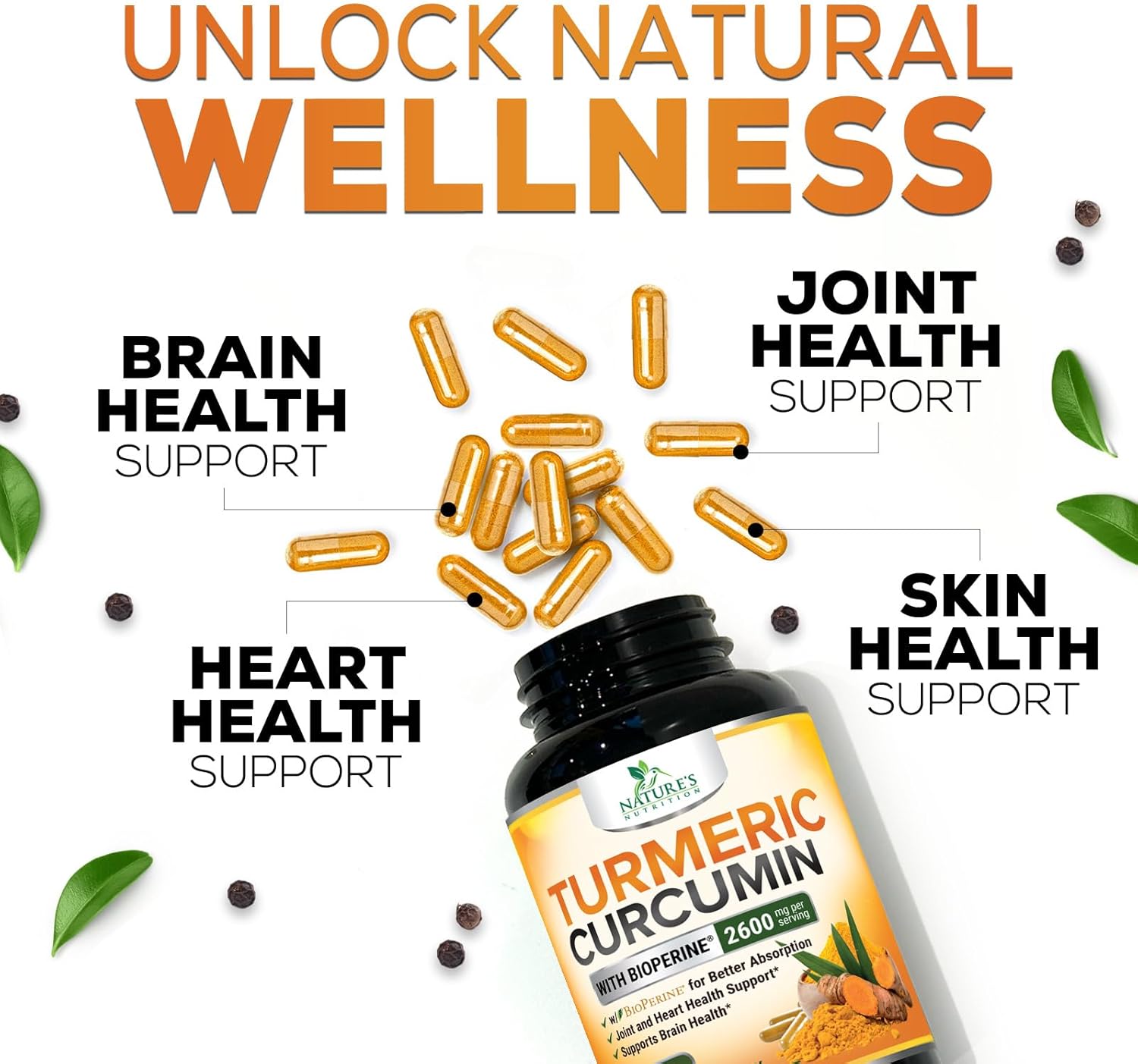Premium Turmeric Curcumin Supplement 2600mg with BioPerine & Black Pepper for Optimal Absorption - 240 Capsules, Vegan Joint Support - Non-GMO Formula - Bottled in USA by Nature's Nutrition