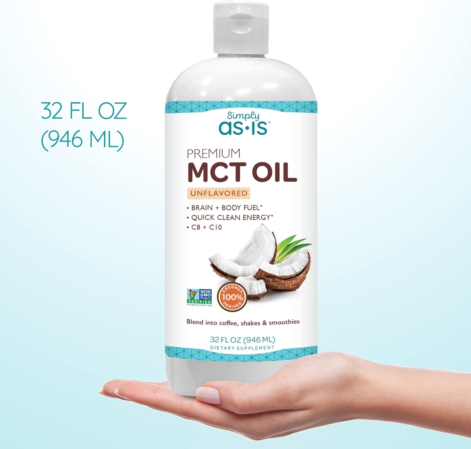 Premium Unflavored MCT Oil C8 & C10 from Non-GMO Coconuts - Ideal for Morning Coffee - Quick, Clean Energy - 32 fl oz (63 Servings)