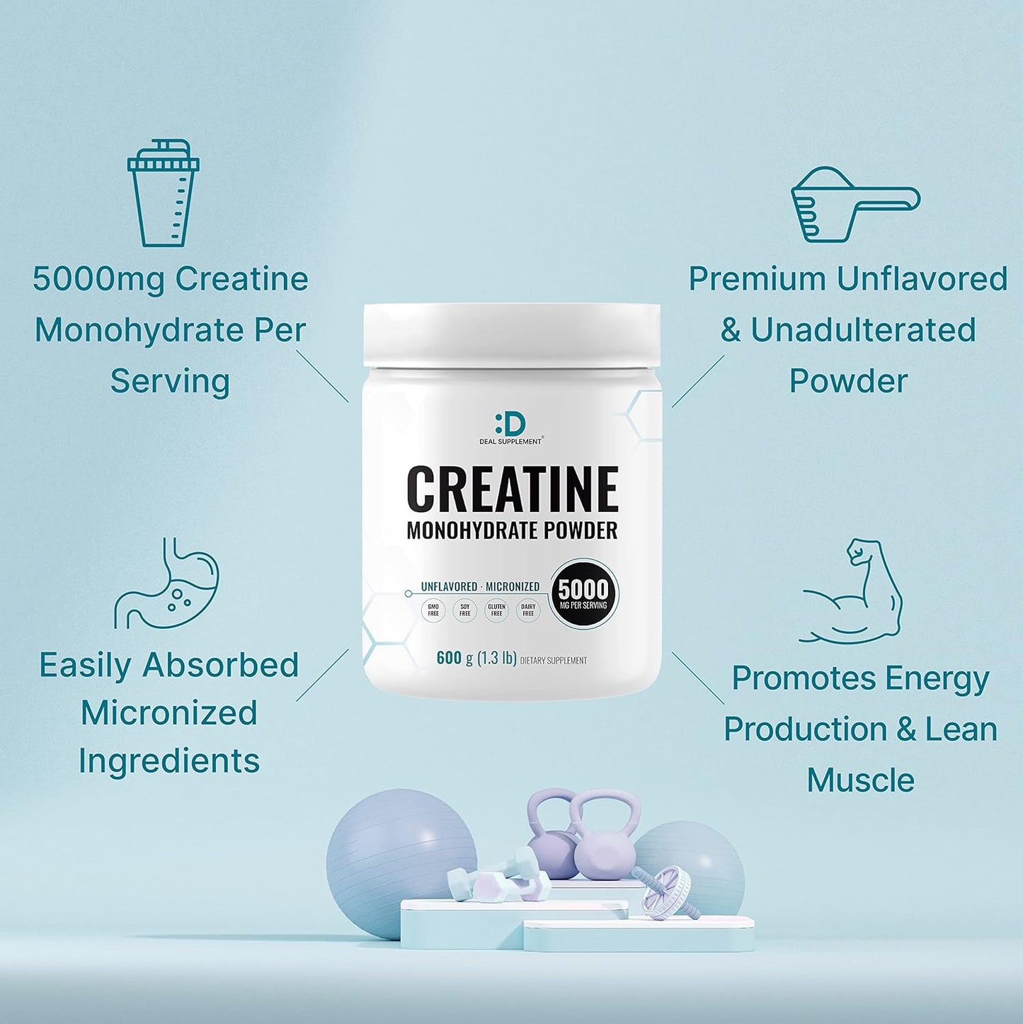 Premium Unflavored Micronized Creatine Monohydrate Powder - 120 Servings of 5000mg (5g) for Enhanced Performance & Recovery | Vegan & Keto-Friendly | Non-GMO & Filler-Free