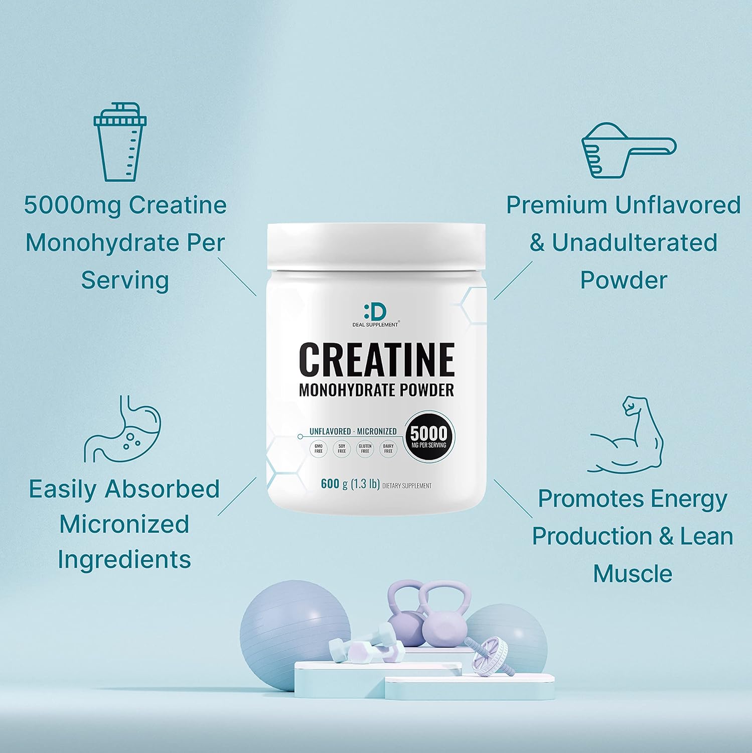 Premium Unflavored Micronized Creatine Monohydrate Powder - 120 Servings of 5000mg (5g) for Enhanced Performance & Recovery | Vegan & Keto-Friendly | Non-GMO & Filler-Free