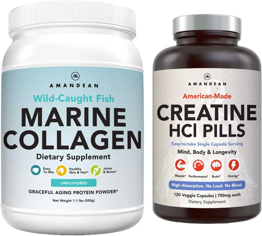 Premium USA-Made Creatine HCl & Marine Collagen Bundle - 7X Concentrated Hydrolyzed Fish Protein for Anti-Aging, Recovery, Lean Muscle, Healthy Skin