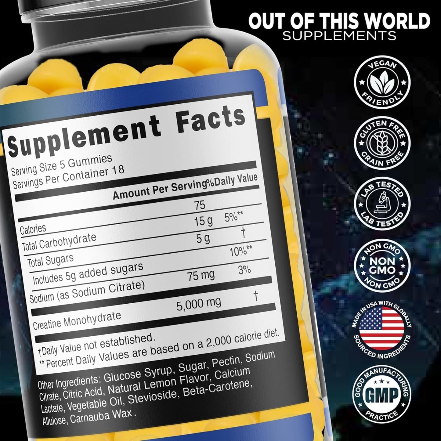 Premium USA-Made Creatine Monohydrate Gummies for Muscle Recovery, Strength, and Endurance - Lemon Flavor with Maximum Absorption