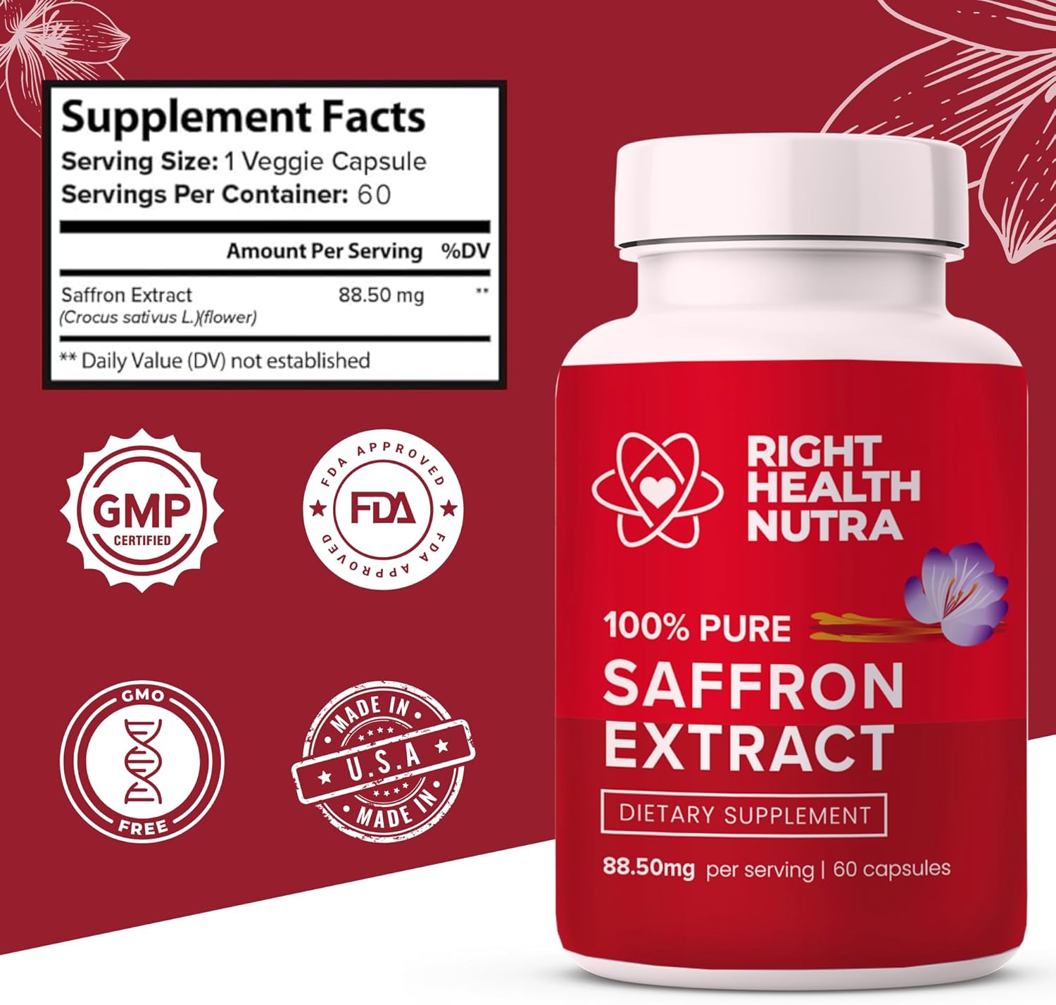 Premium USA-Made Pure Saffron Extract Supplements for Mood, Focus, Digestion, and Eye Health - 60 Capsules for Men and Women