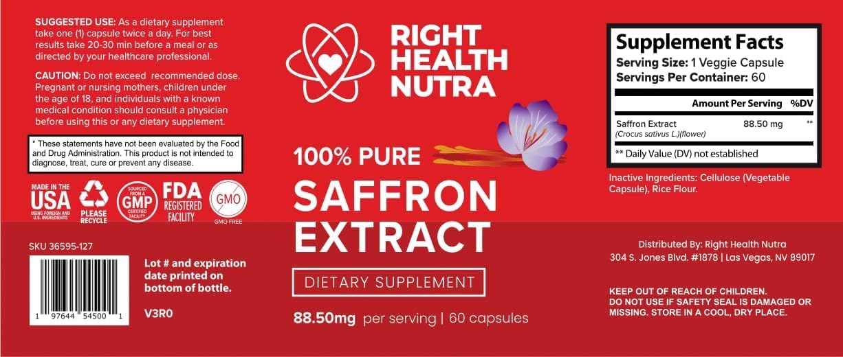 Premium USA-Made Pure Saffron Extract Supplements for Mood, Focus, Digestion, and Eye Health - 60 Capsules for Men and Women
