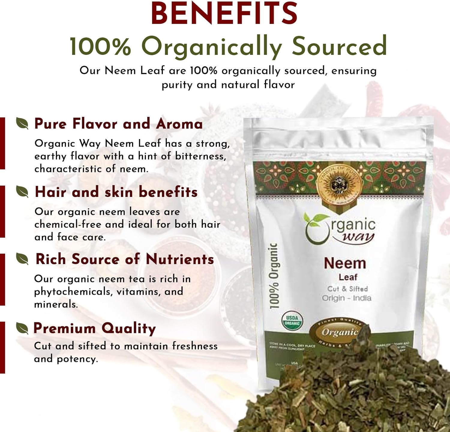 Premium USDA Certified Organic Neem Leaf Cut and Sifted Herbal Tea from India - Non GMO & Gluten Free (8 oz)