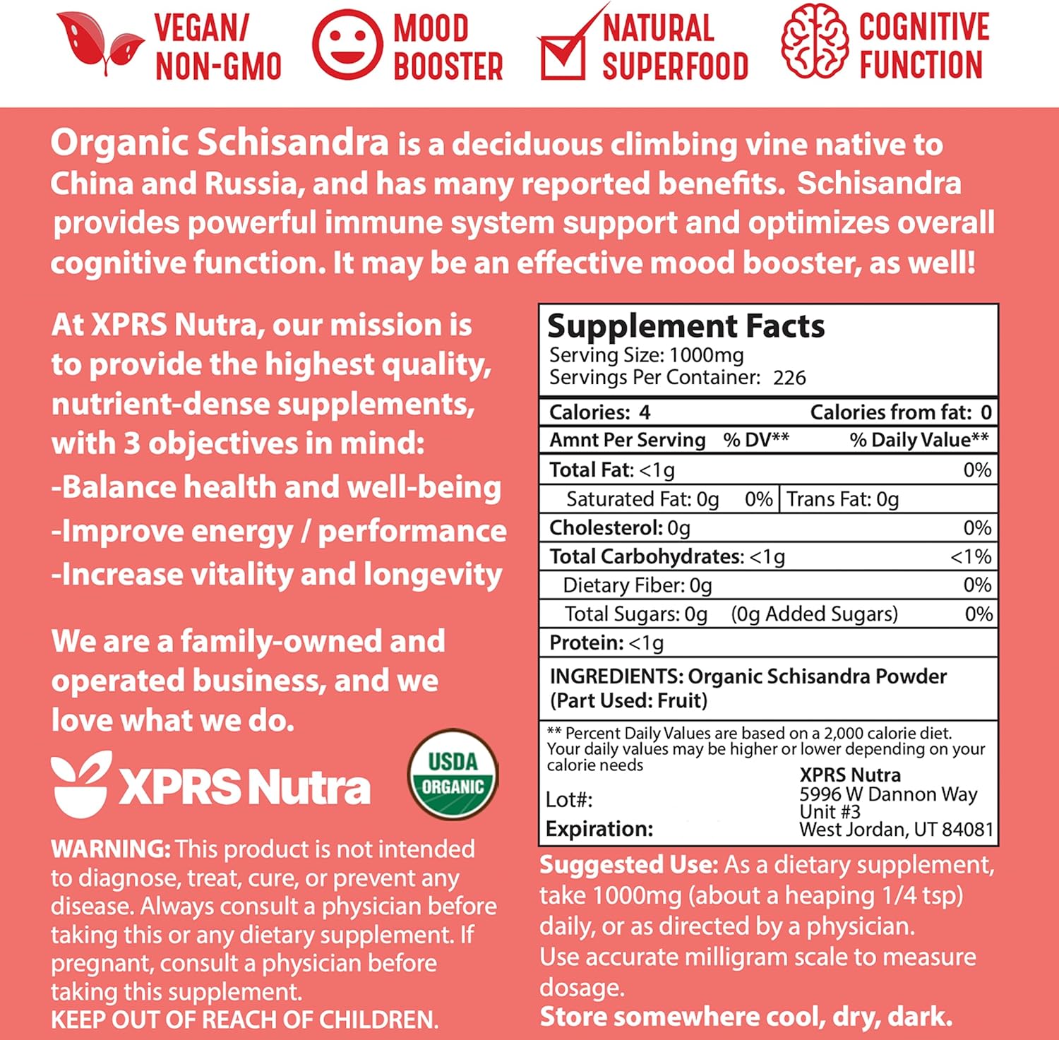 Premium USDA Organic Schisandra Berry Powder Extract - Boost Cognition and Immunity - Vegan Superfood Supplement (8 oz)