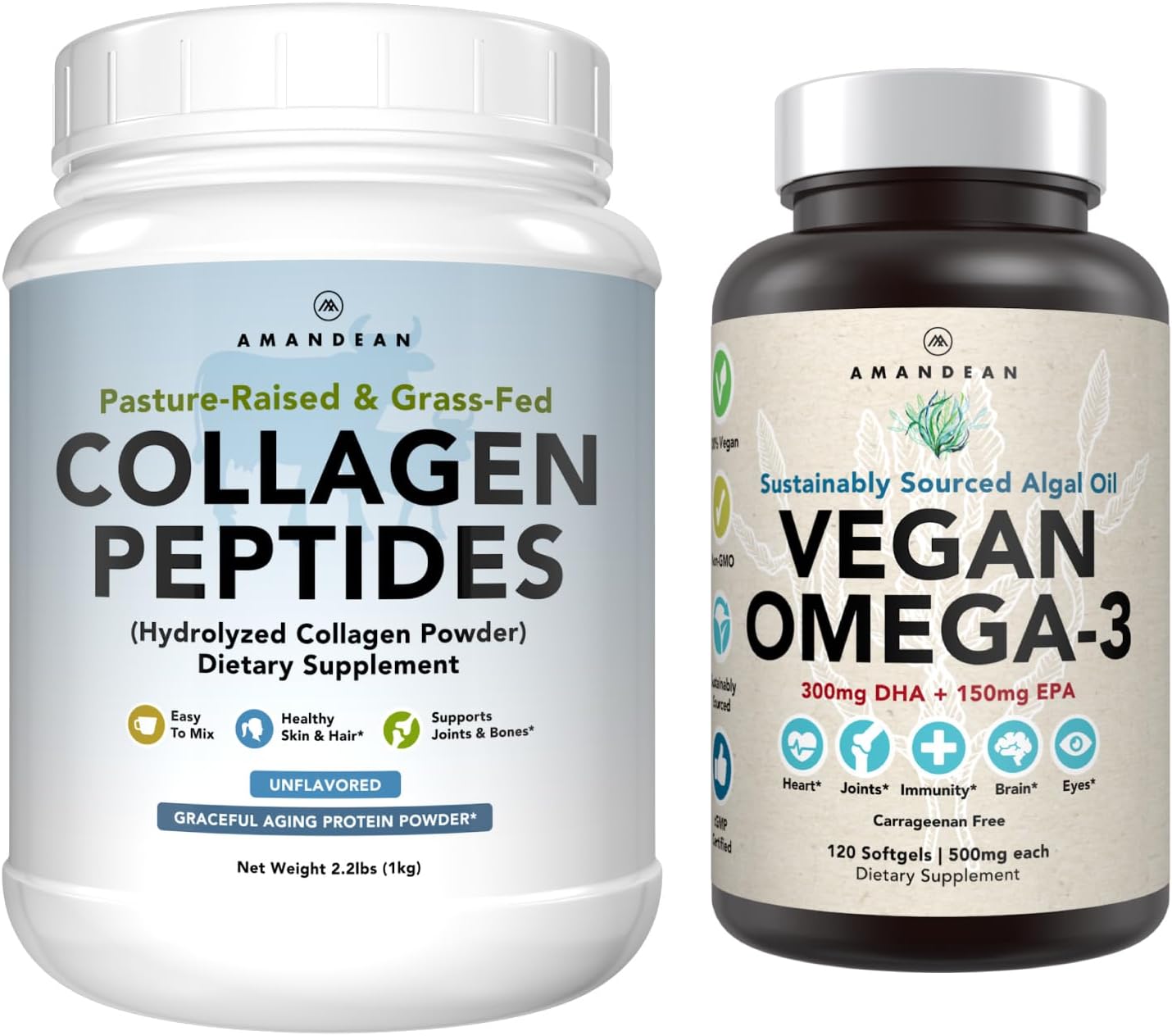 Premium Vegan Omega-3 & Grass-Fed Collagen Bundle for Healthy Skin, Joints & Bones - Non-GMO (120 Capsules + 1kg Powder)