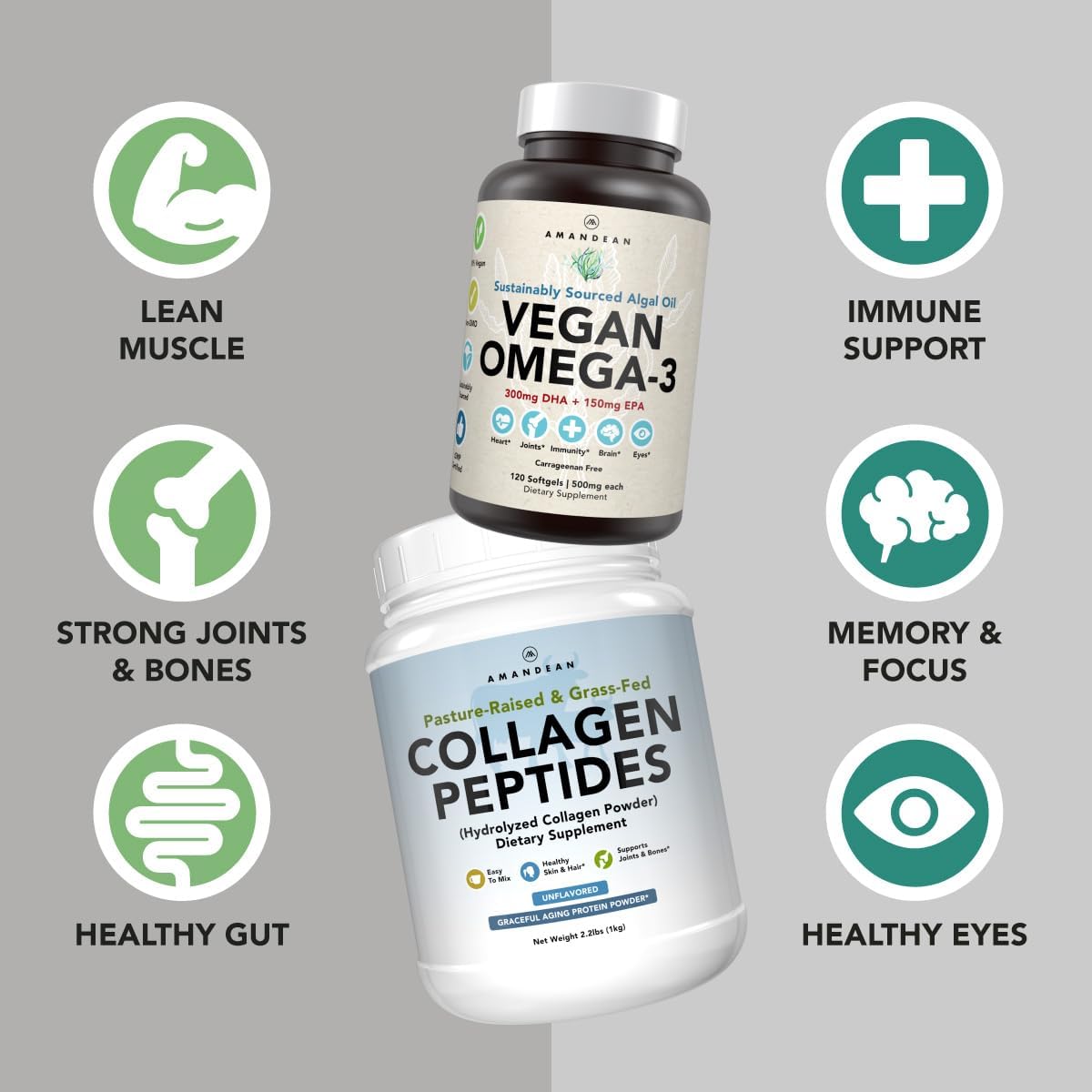 Premium Vegan Omega-3 & Grass-Fed Collagen Bundle for Healthy Skin, Joints & Bones - Non-GMO (120 Capsules + 1kg Powder)