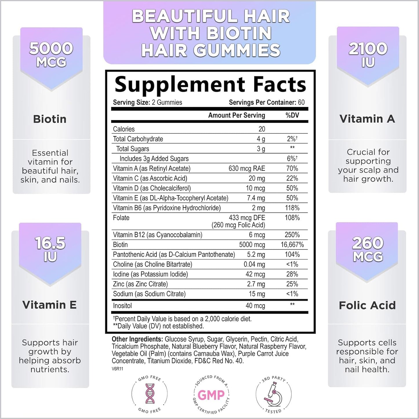 Premium Vegetarian Hair Growth Gummies with Biotin 5000 mcg, Vitamin E & C - 120 Bear Gummies for Stronger Hair, Skin & Nails