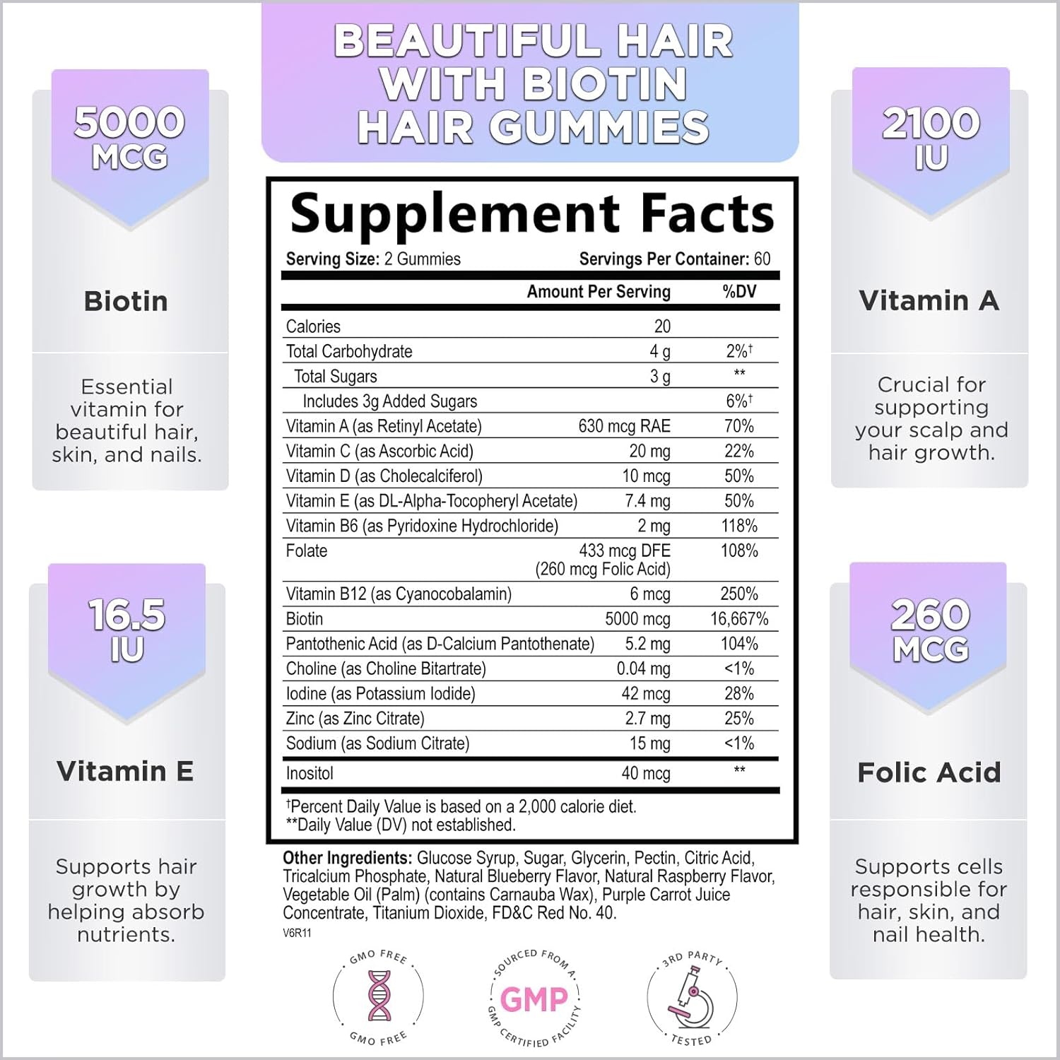 Premium Vegetarian Hair Growth Gummies with Biotin 5000 mcg, Vitamin E & C - 120 Bear Gummies for Stronger Hair, Skin & Nails
