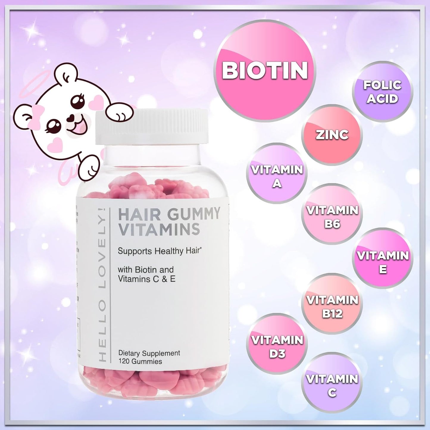 Premium Vegetarian Hair Growth Gummies with Biotin 5000 mcg, Vitamin E & C - 120 Bear Gummies for Stronger Hair, Skin & Nails