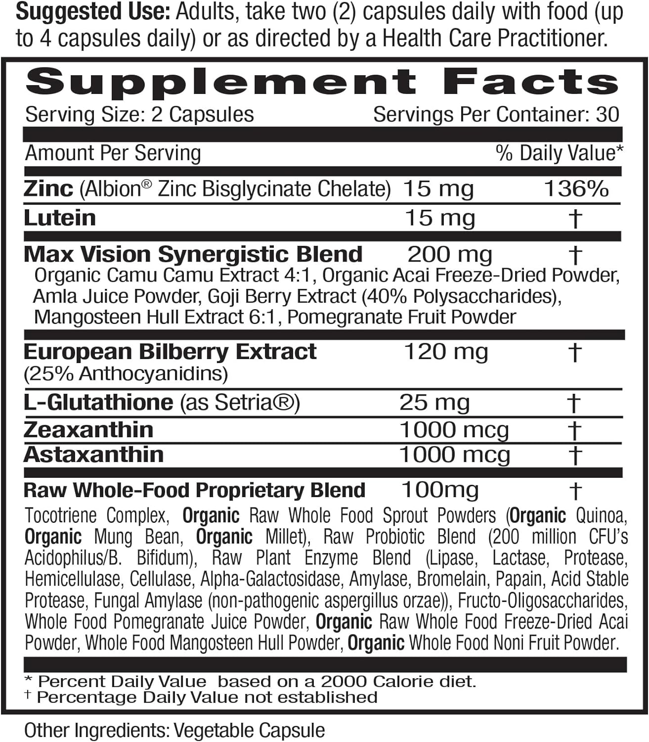 Premium Vision Health Supplement with Lutein, Zeaxanthin, & Chelated Zinc - Vegan & Gluten-Free - 60 Capsules