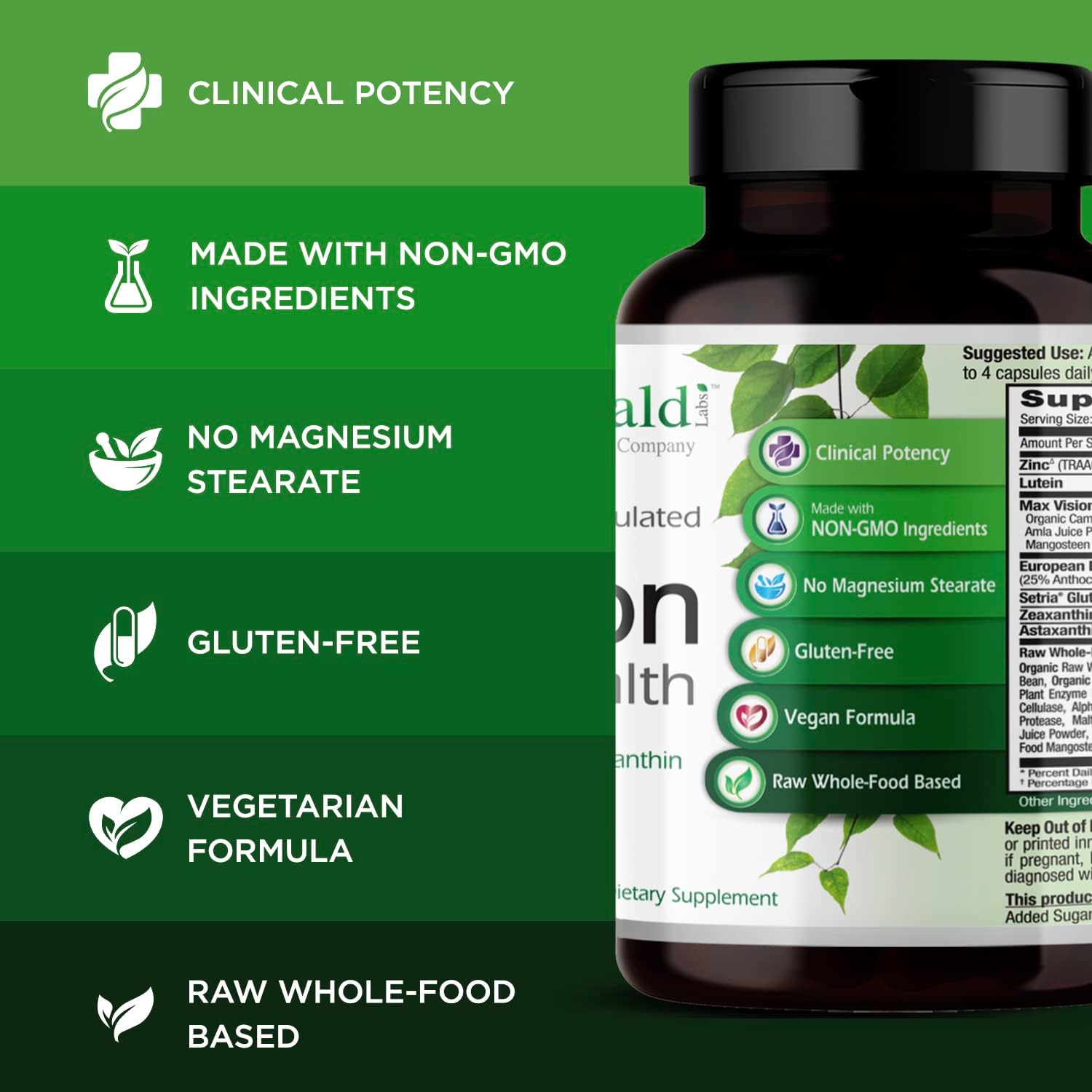 Premium Vision Health Supplement with Lutein, Zeaxanthin, & Chelated Zinc - Vegan & Gluten-Free - 60 Capsules
