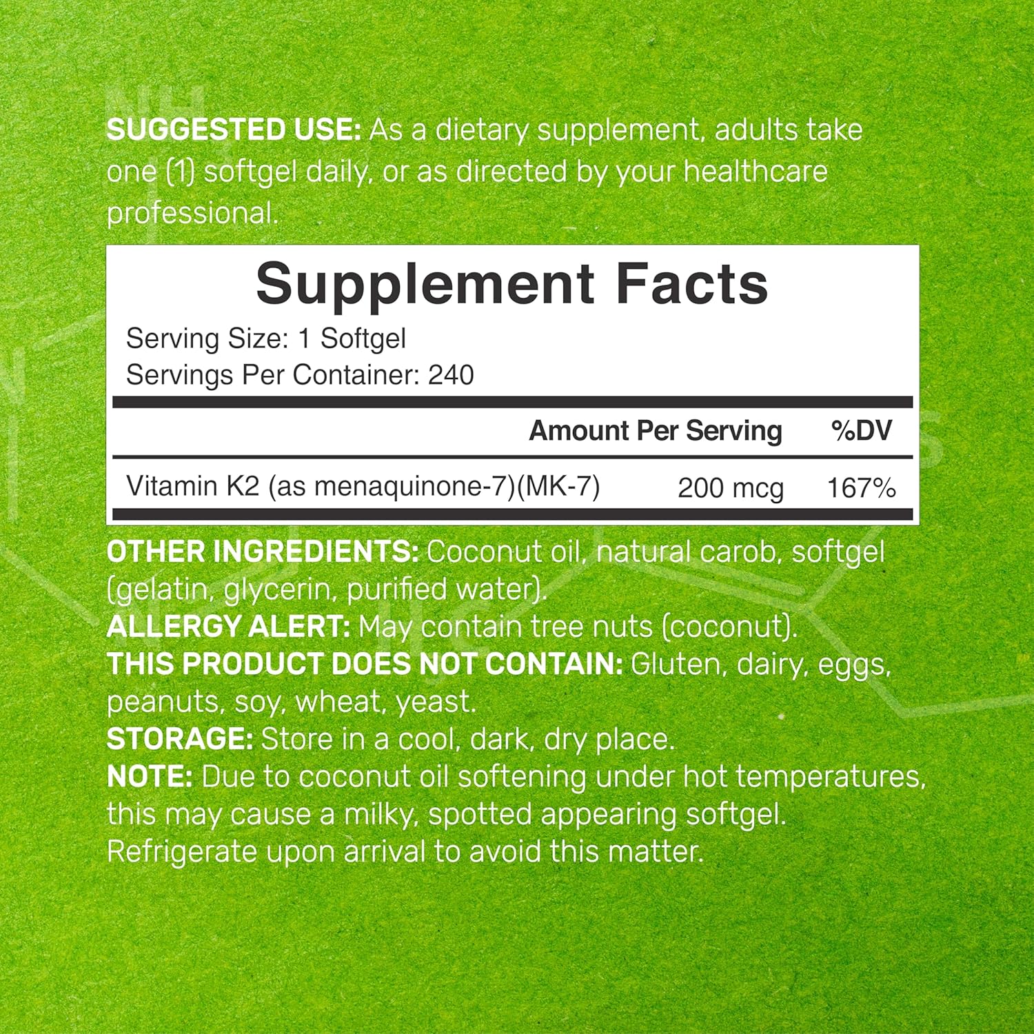 Premium Vitamin K2 (MK-7) Supplement with Virgin Coconut Oil Softgels - 240 Capsules for Bone, Joint, & Immune Support - High Absorption Menaquinone-7 Formula - Non-GMO & Easy to Absorb