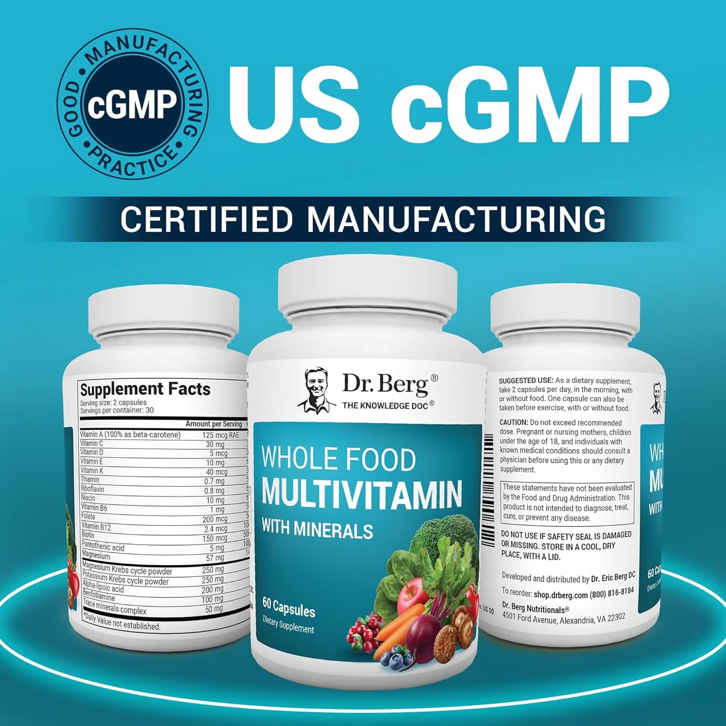Premium Whole Food Multivitamin for Men and Women - Dr. Berg Nutritionals - 60 Capsules - Includes Minerals, Fruits, Vegetables, Folate, Alpha-Lipoic Acid