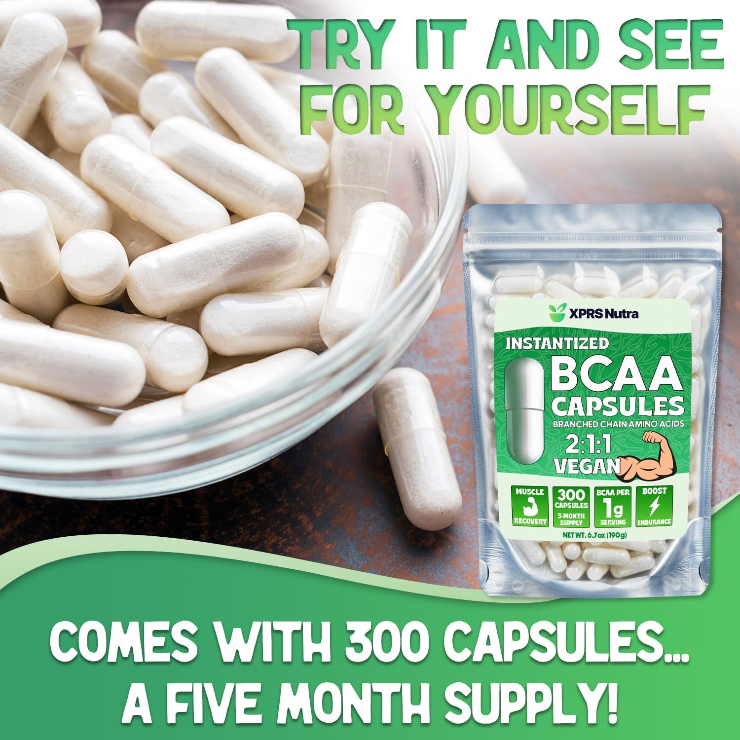 Premium XPRS Nutra BCAA Amino Acids Capsules - 3 Month Supply - Branched Chain Amino Acids Supplement