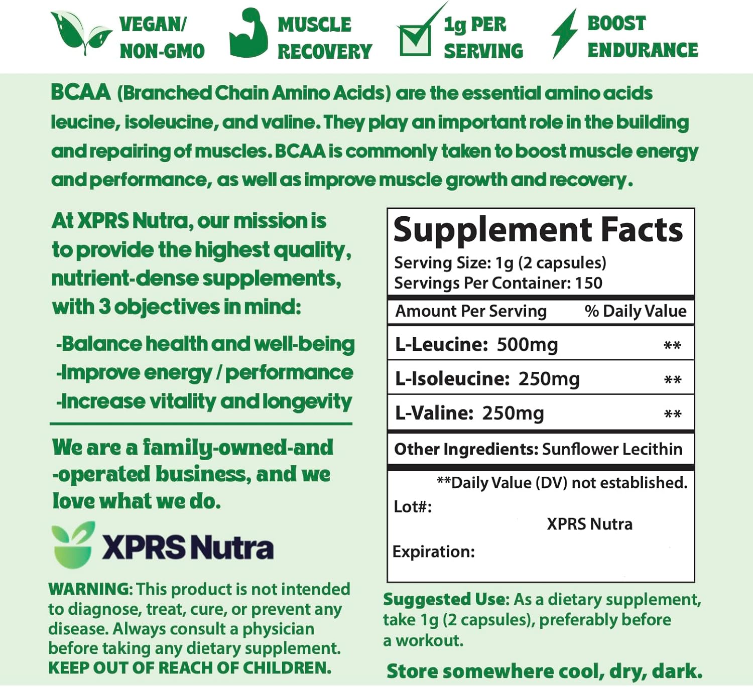Premium XPRS Nutra BCAA Amino Acids Capsules - 3 Month Supply - Branched Chain Amino Acids Supplement