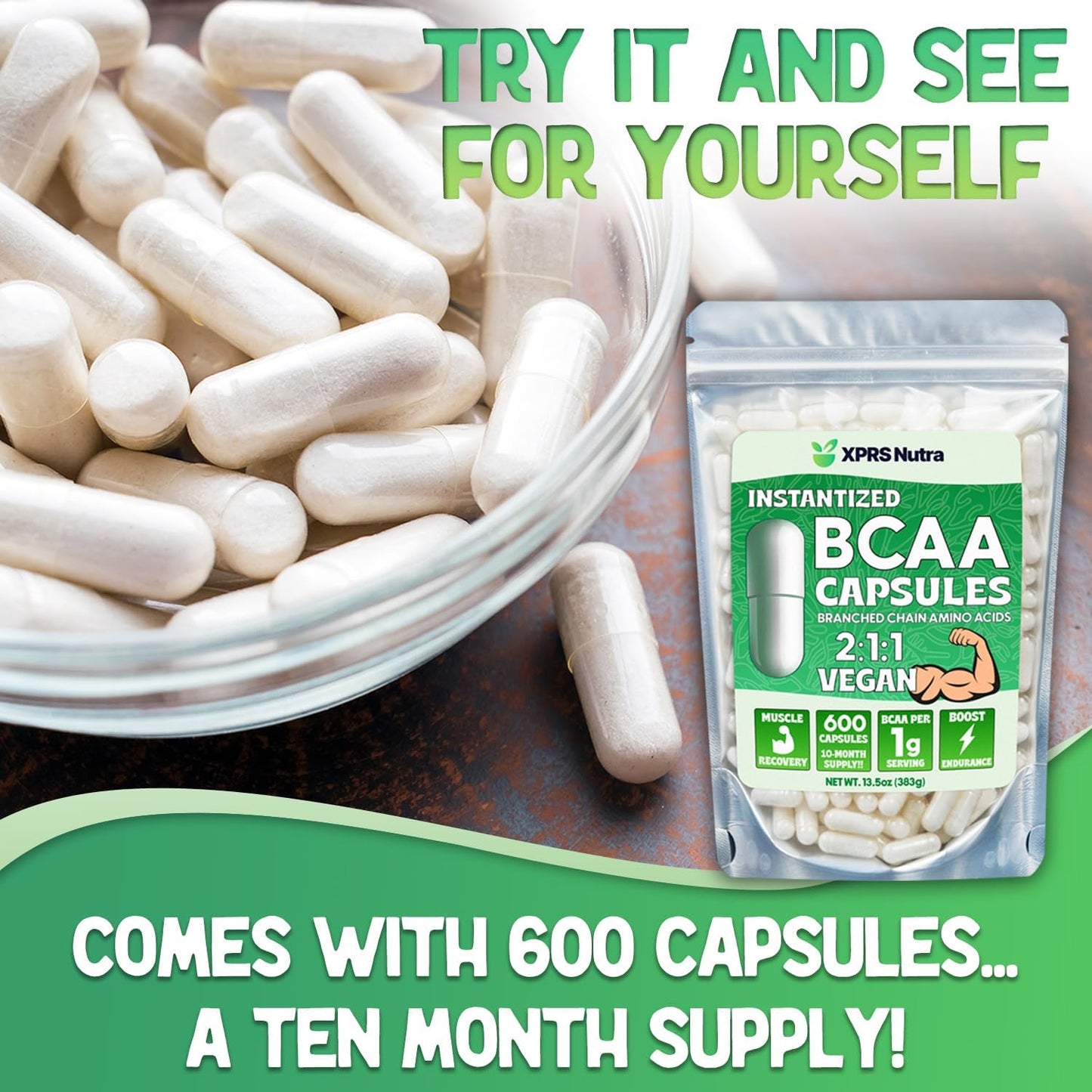 Premium XPRS Nutra BCAA Amino Acids Capsules - 6 Month Supply - Branched Chain Amino Acids Supplement