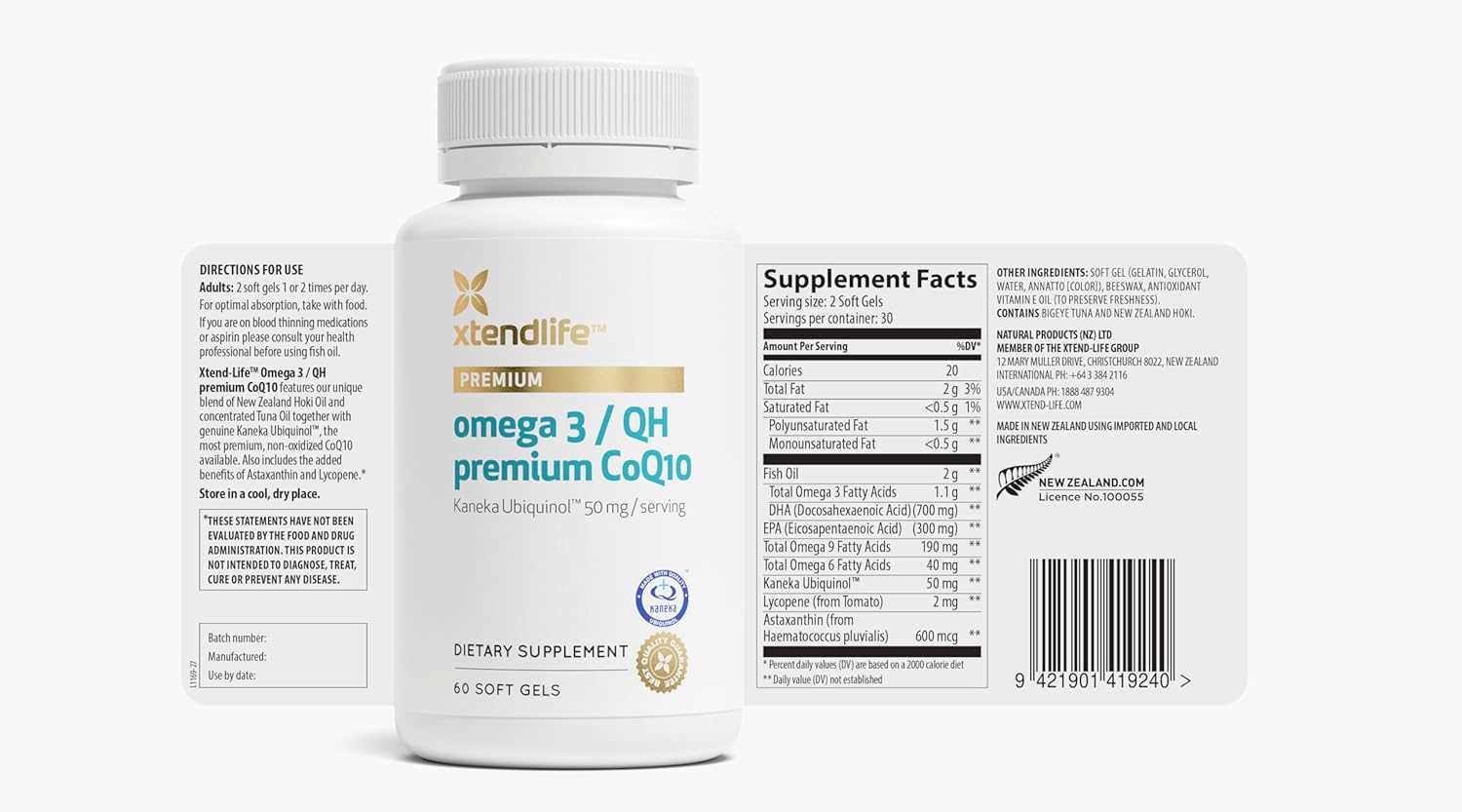 Premium Xtendlife Omega-3 QH Fish Oil with CoQ10 - 1100mg DHA, EPA, Ubiquinol, Astaxanthin, and Lycopene for Heart, Brain, Joint, Skin Health - 1 Month Supply (60 Capsules)