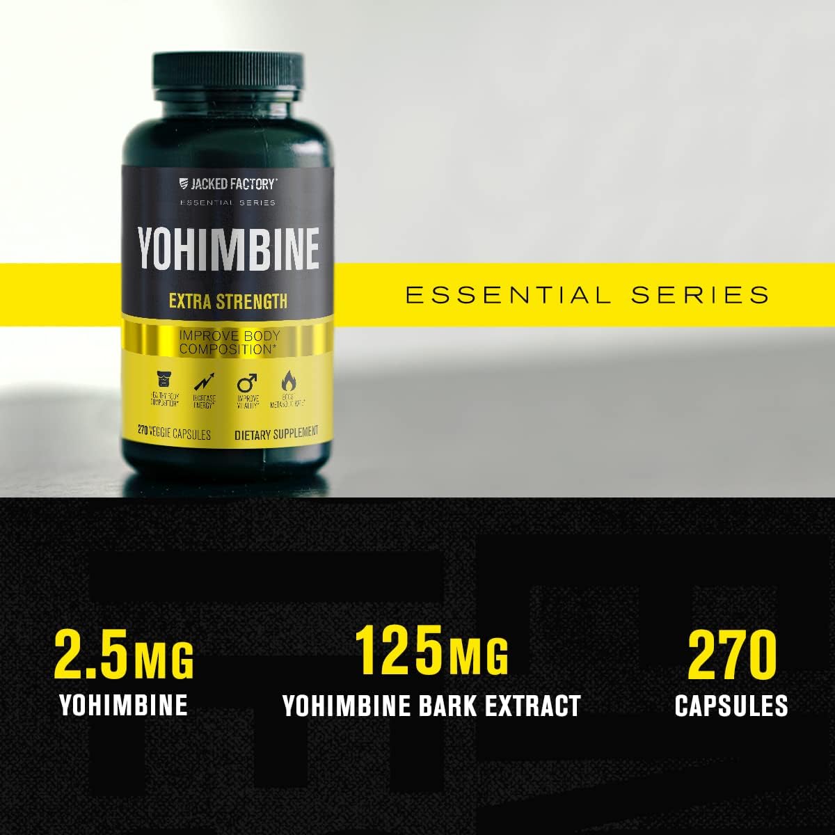 Premium Yohimbine Capsules - Extra Strength Yohimbe Bark Extract - 270 Veggie Pills for Energy & Body Recomposition - No Fillers