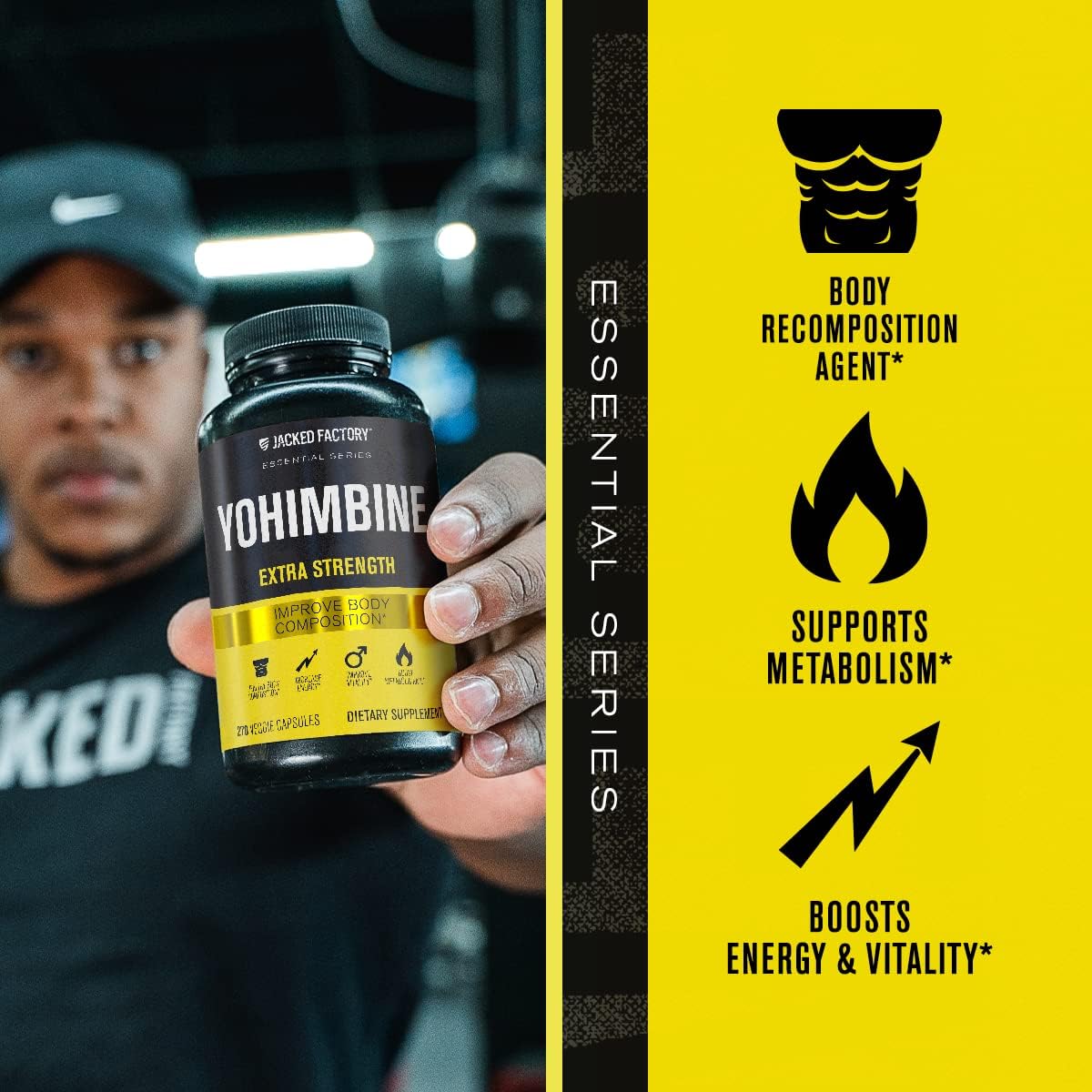 Premium Yohimbine Capsules - Extra Strength Yohimbe Bark Extract - 270 Veggie Pills for Energy & Body Recomposition - No Fillers